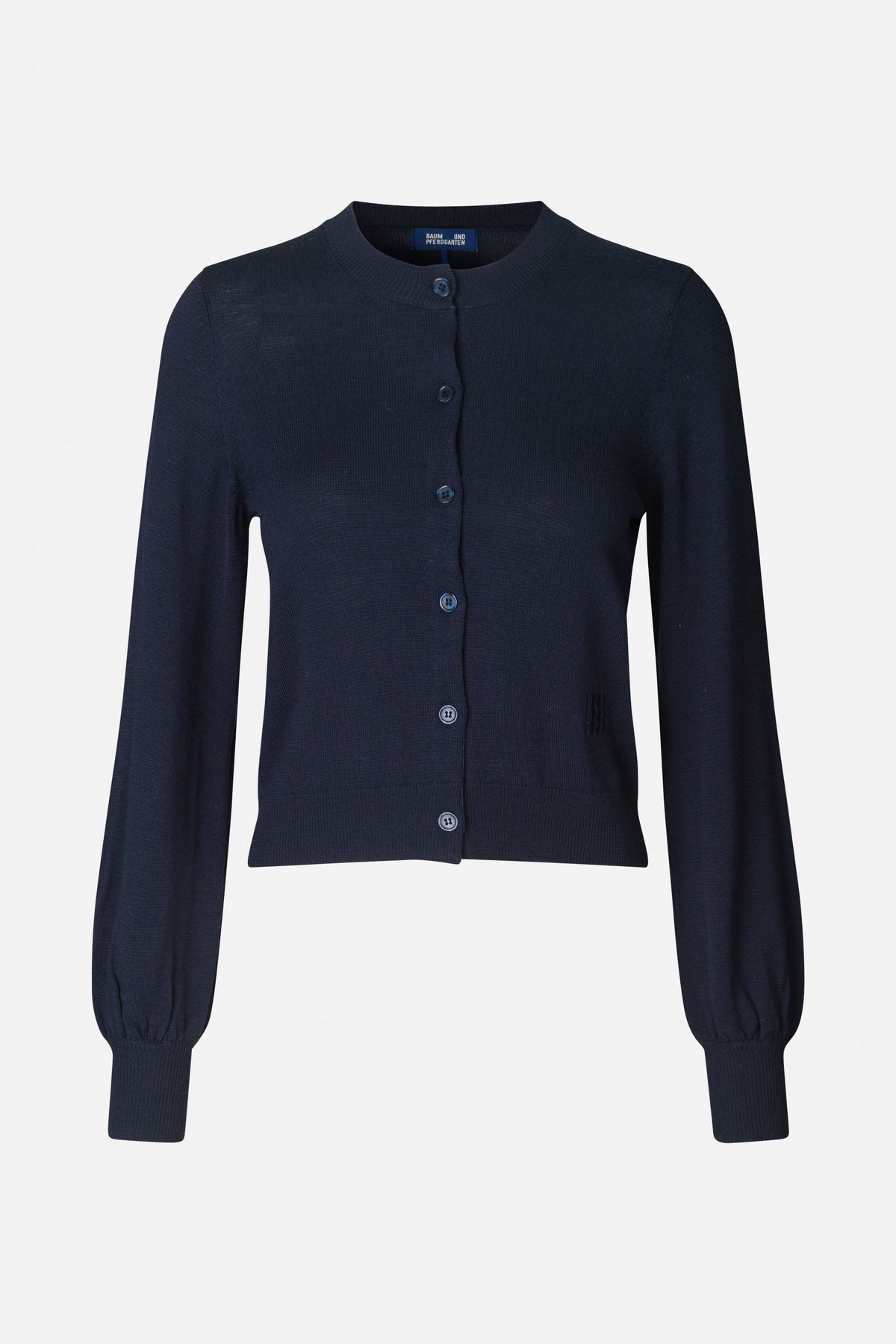 Front view of a dark navy knitted cardigan with a round neckline, button front, long sleeves and ribbed cuffs and hem.