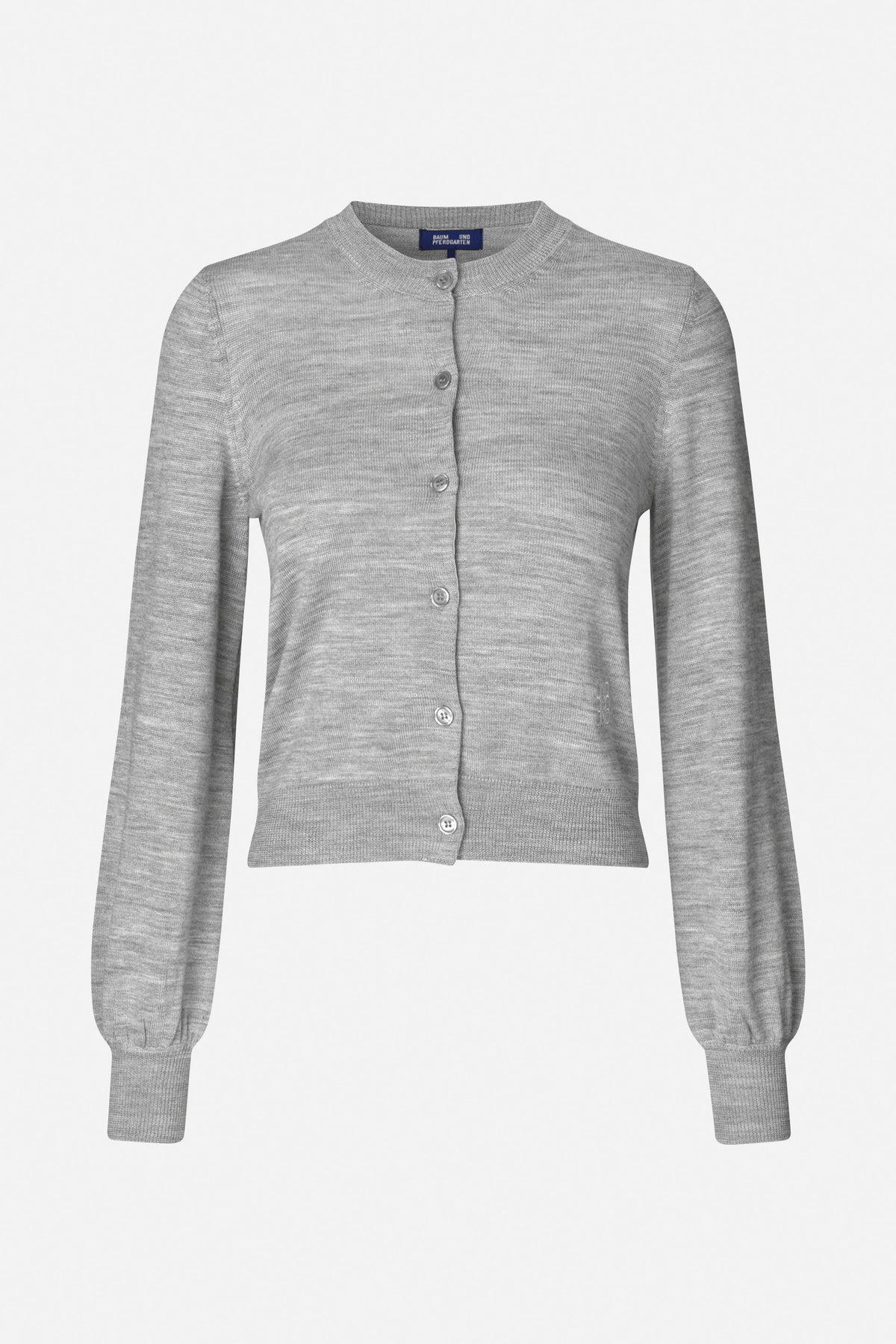 Front view of a light grey knitted cardigan with a round neck, button fastening, long sleeves and ribbed cuffs and hem.