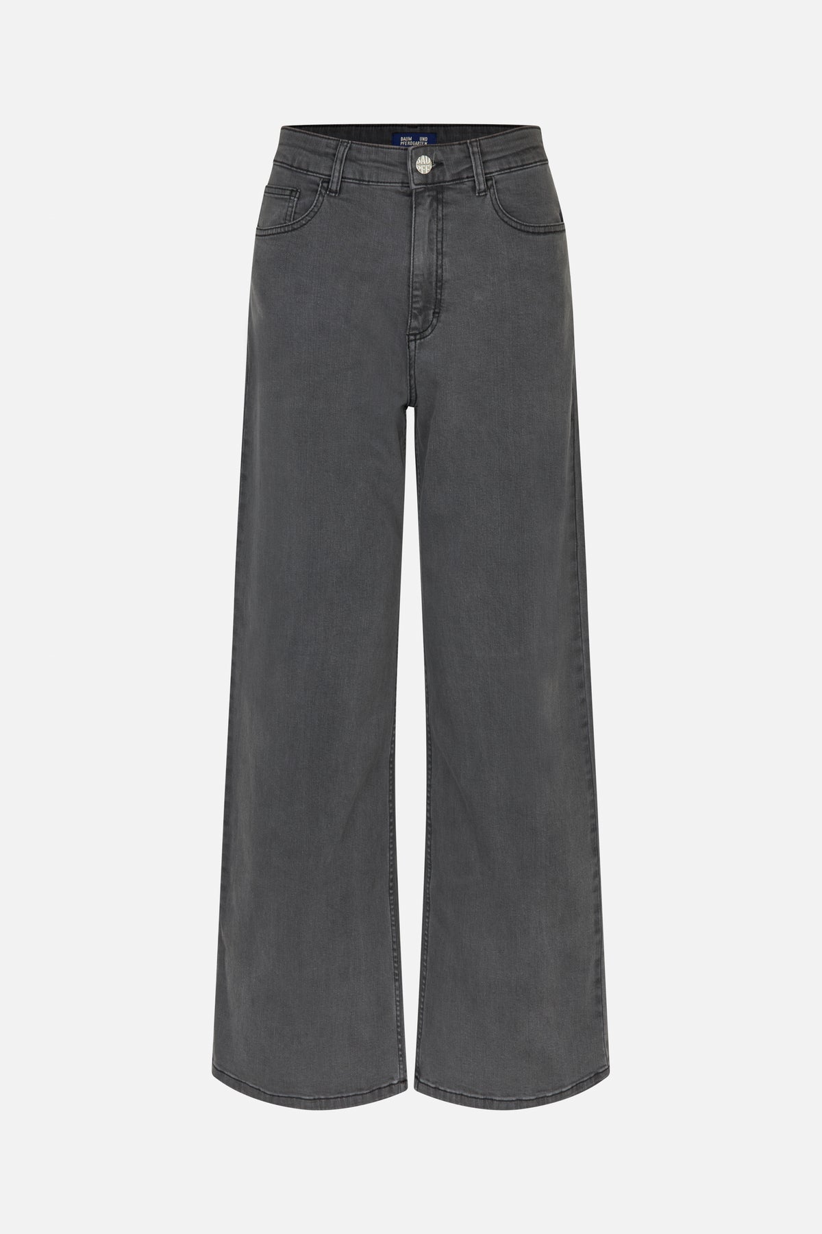 Front view of charcoal grey wide-leg jeans with a button closure, belt loops and curved front pockets.