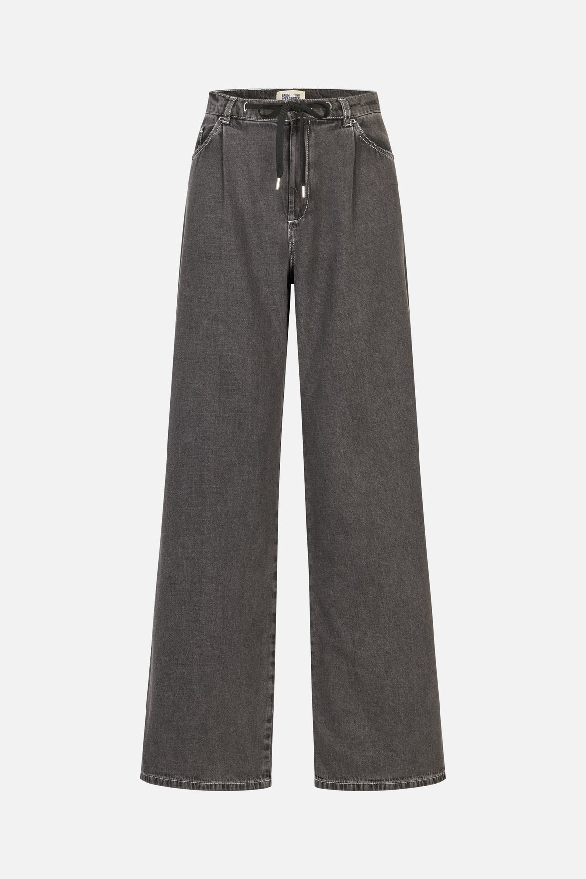 Front view of charcoal grey wide-leg jeans with a black drawstring waist, curved pockets and contrast stitching.
