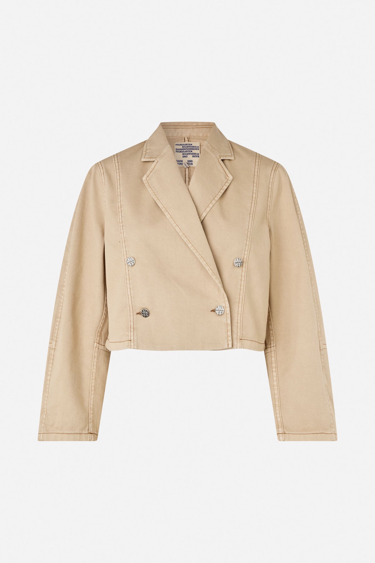 Front view of a sand-beige cropped double-breasted jacket with wide lapels, contrast stitching and logo buttons.