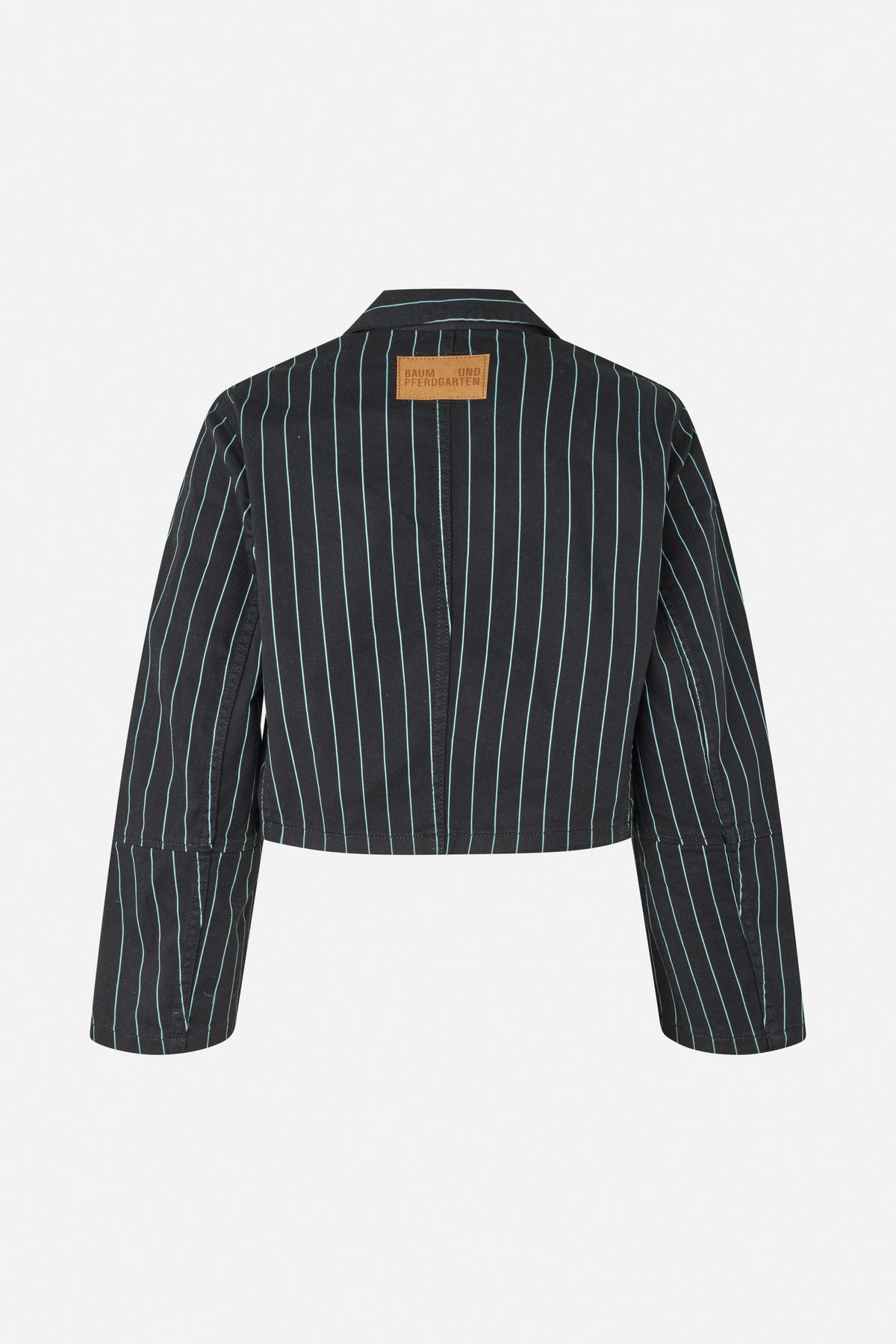Back view of a cropped black jacket with thin turquoise pinstripes and a tan Baum und Pferdgarten label below the collar.