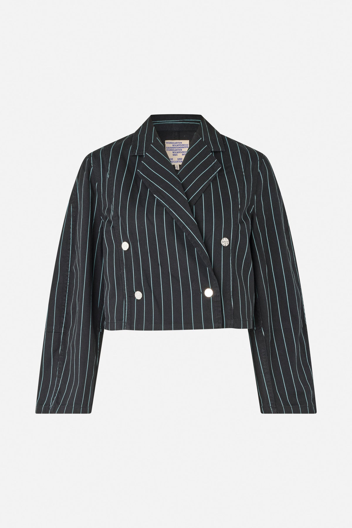 Front view of a cropped black double-breasted blazer with thin turquoise pinstripes, notched lapels and silver-tone buttons.