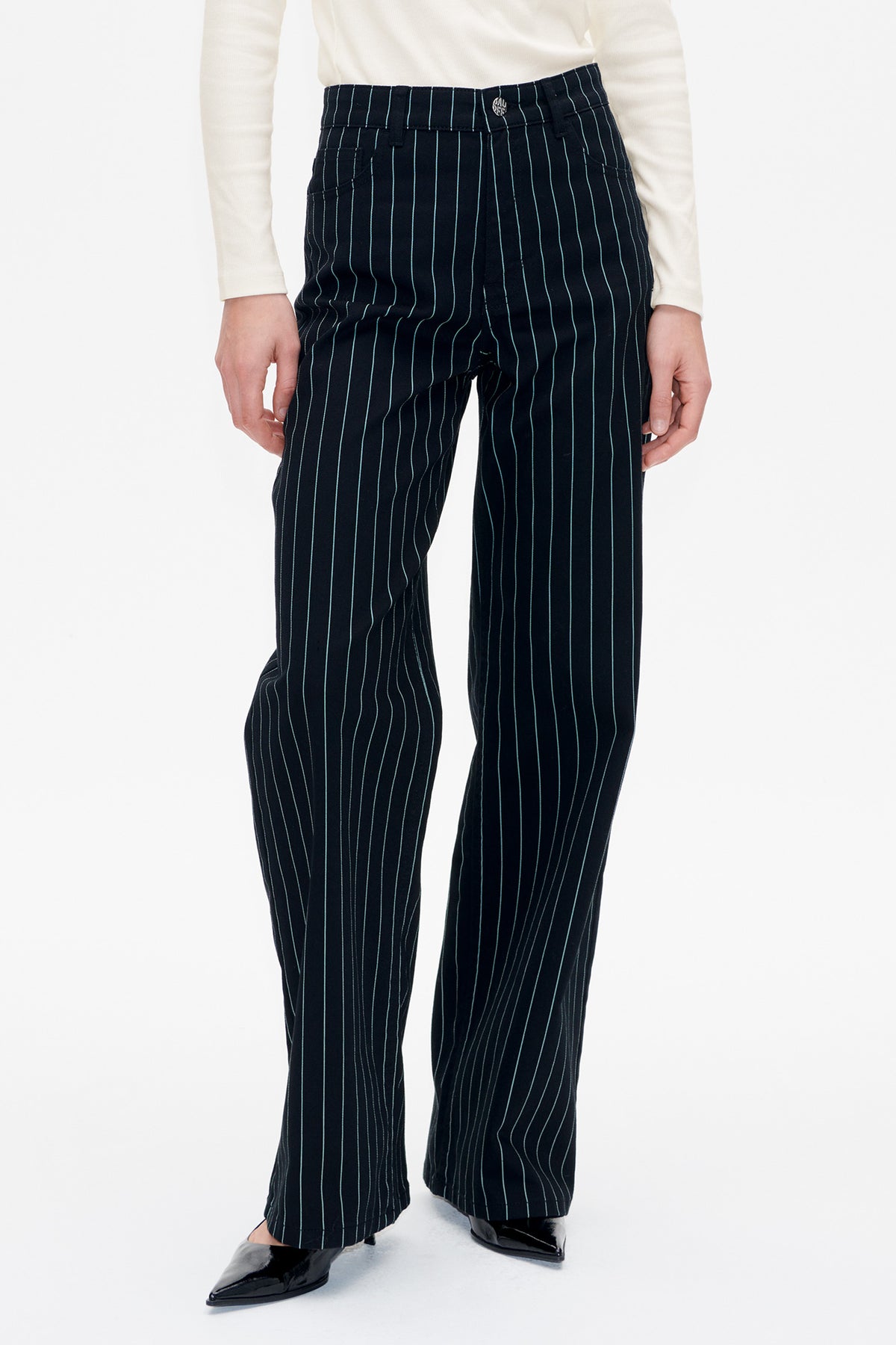 Front view of dark navy wide-leg trousers with fine pale vertical pinstripes, belt loops, button fastening and front pockets
