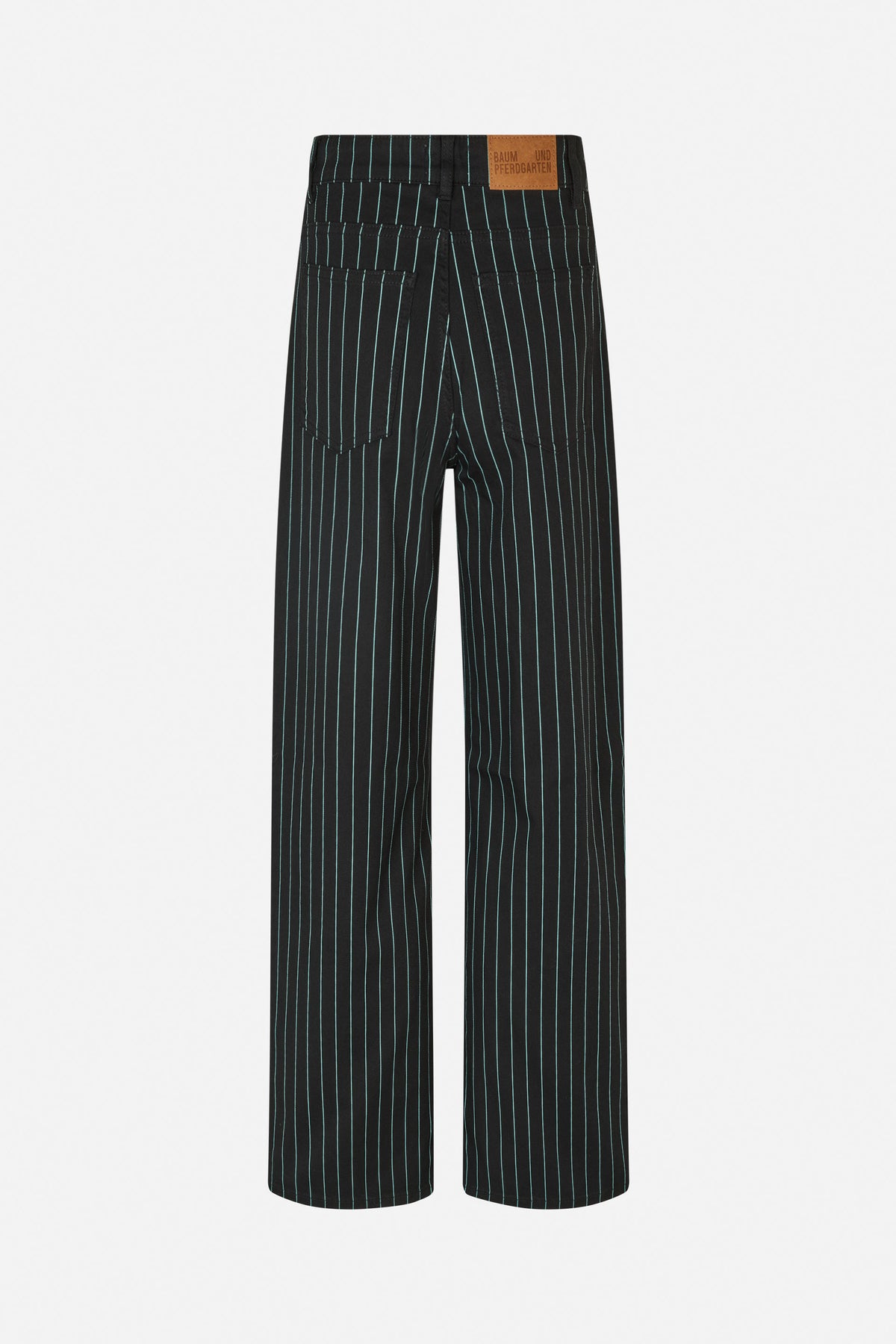 Back view of black wide-leg trousers with fine turquoise pinstripes, two patch pockets and a tan leather waistband label.