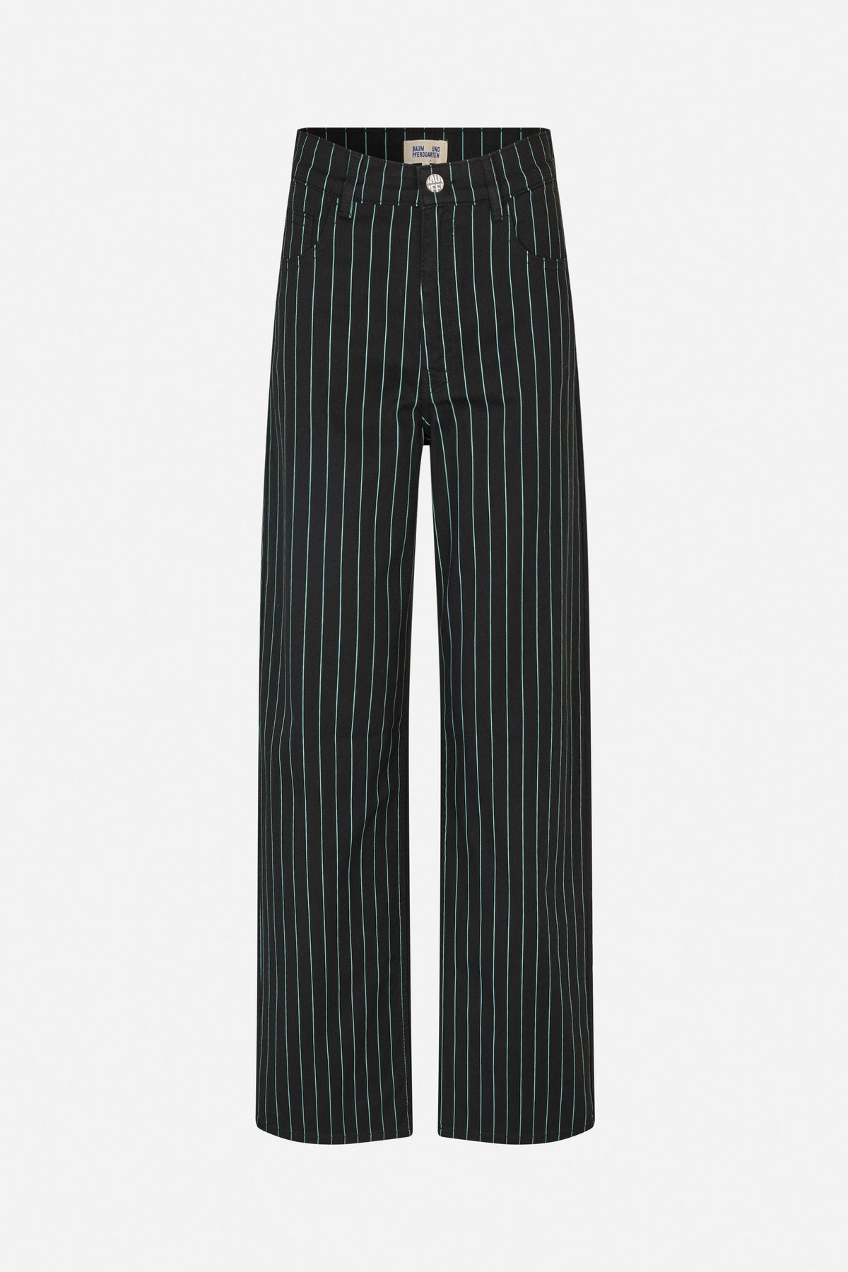 Front view of black wide-leg trousers with thin turquoise vertical stripes, a button fastening and front pockets.