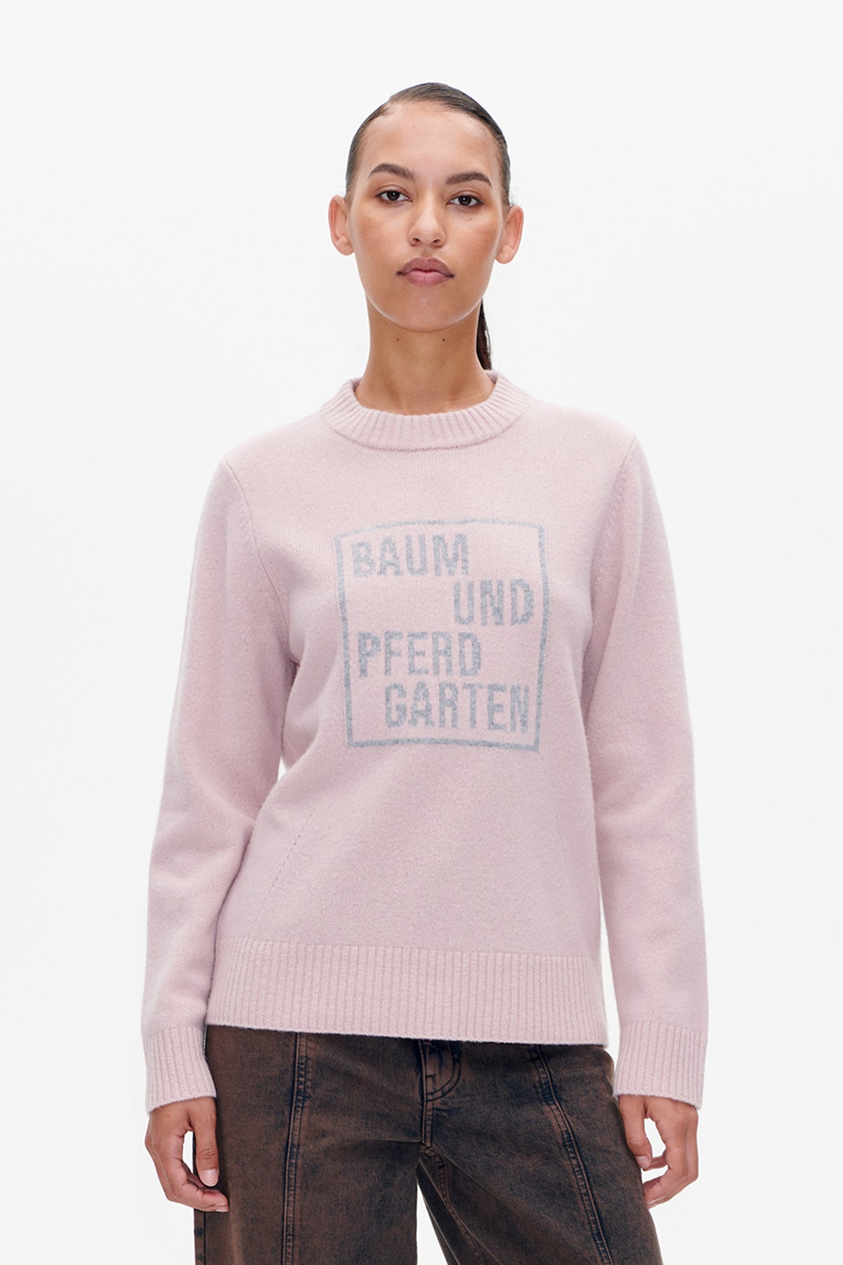 Pale pink crew-neck knit sweater with ribbed trim and a faded blue boxed Baum und Pferdgarten text graphic, shown from the front.
