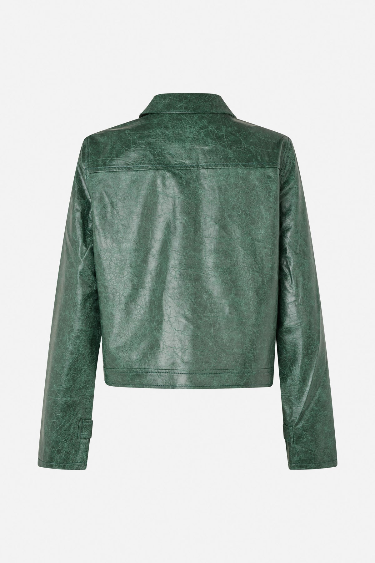 Back view of a dark green jacket with a mottled, crackled finish, pointed collar, long sleeves and horizontal seams.