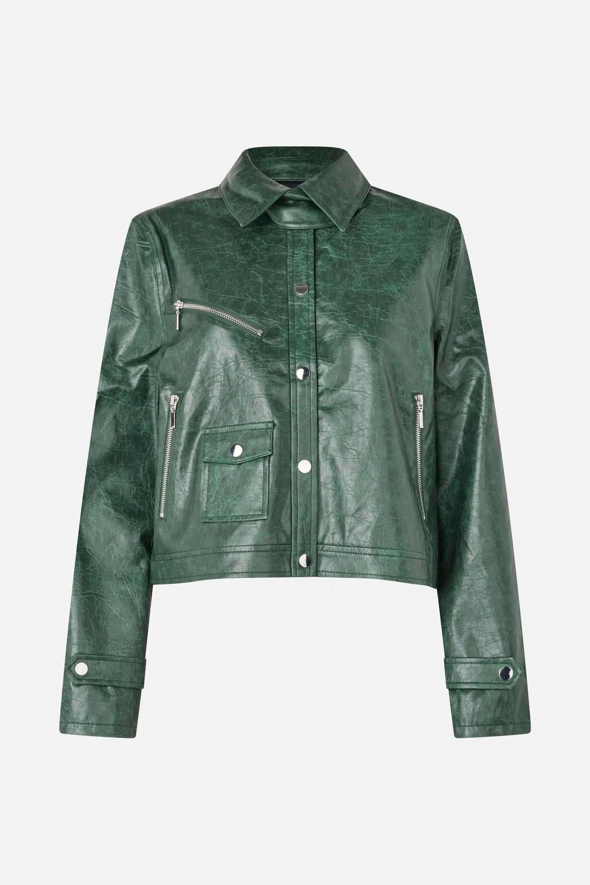 Front view of a dark green, glossy jacket with a crackled finish, pointed collar, snap-button closure, zip pockets and long sleeves.