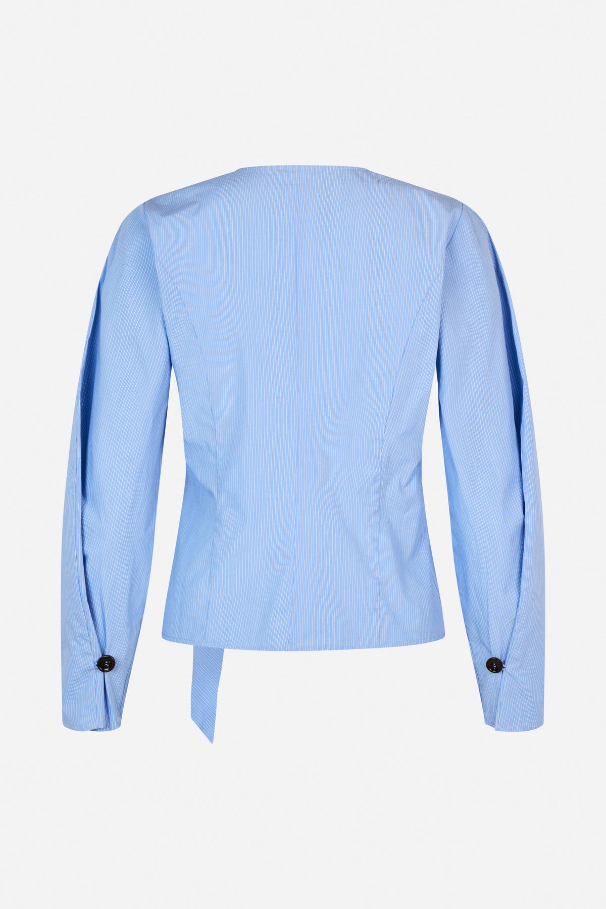 Back view of a light blue pinstripe long-sleeved blouse with shaped seams, buttoned cuffs and a narrow hanging tie detail.