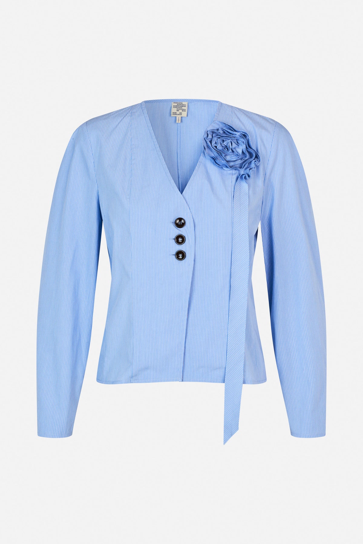 Front view of a light blue pinstriped jacket with long sleeves, three buttons, a ruffled flower detail, and a hanging tie.