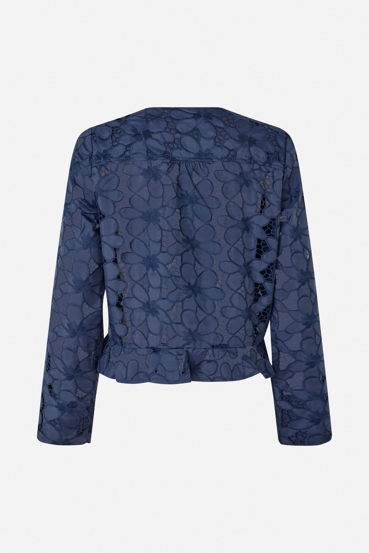 Rückenansicht einer marineblauen Langarmbluse mit floralen Cut-out-Details und gerafftem Schößchensaum.