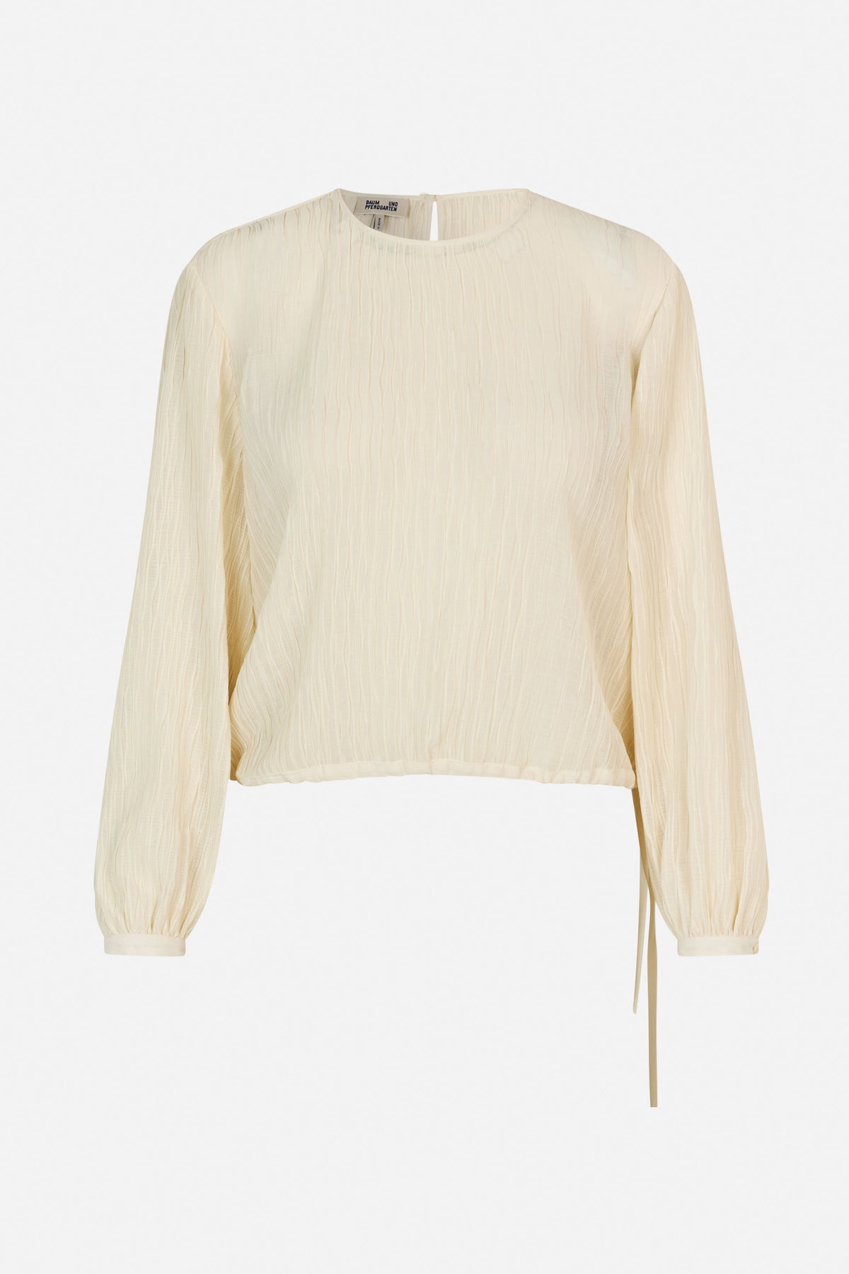 Front view of an ivory long-sleeved blouse with a fine crinkled texture, gathered cuffs, a round neckline and a tie at the hem.