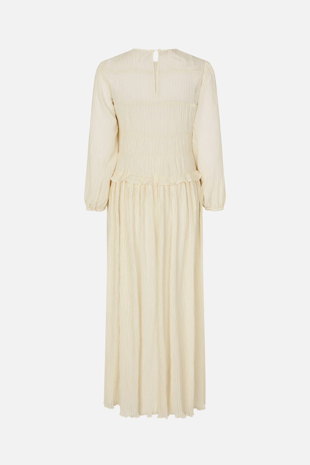 Back view of an ivory long-sleeved maxi dress with a buttoned keyhole neckline, gathered panels and a ruffled waist seam.