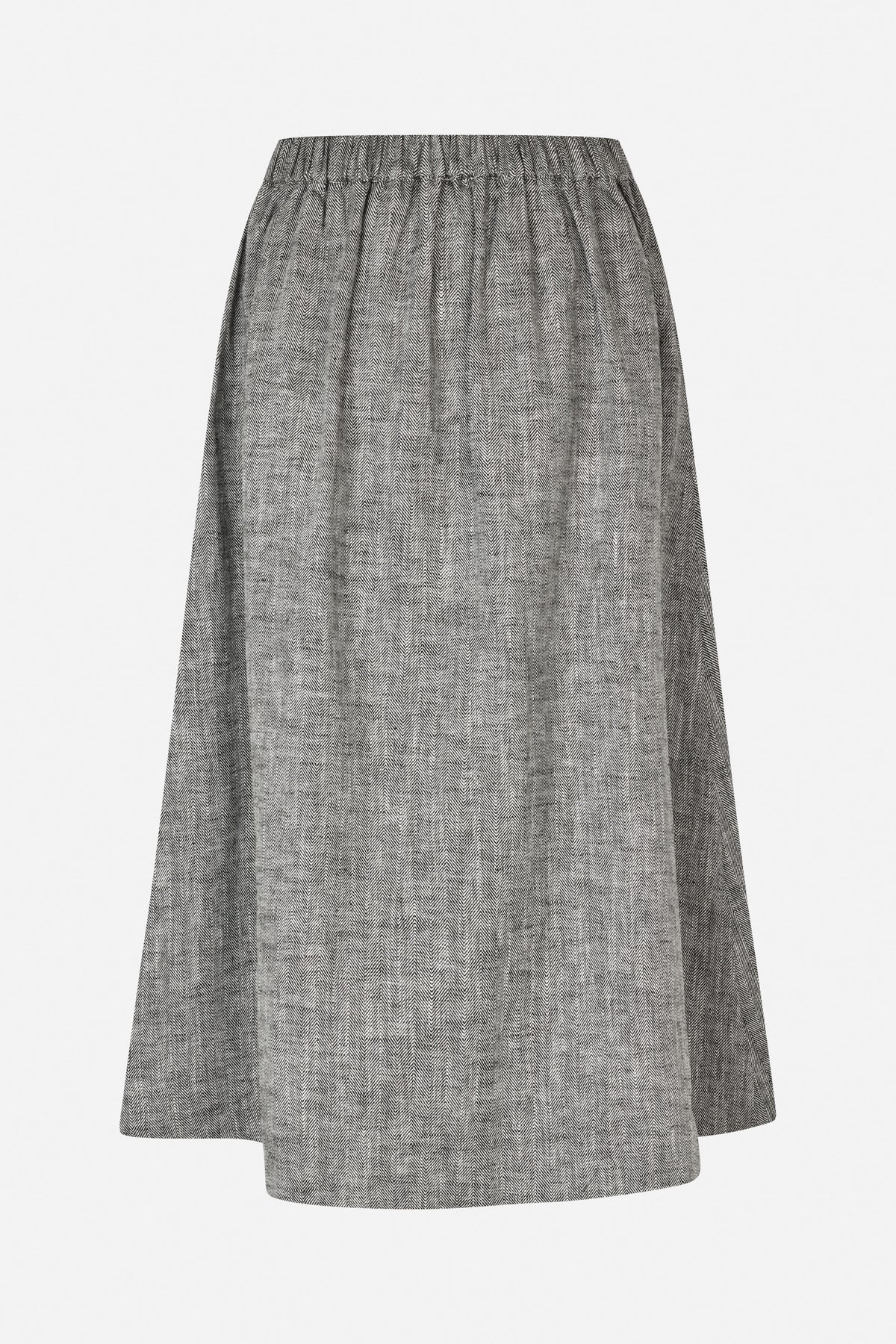 Grey-and-black herringbone skirt with a gathered elastic waistband, shown from the back.