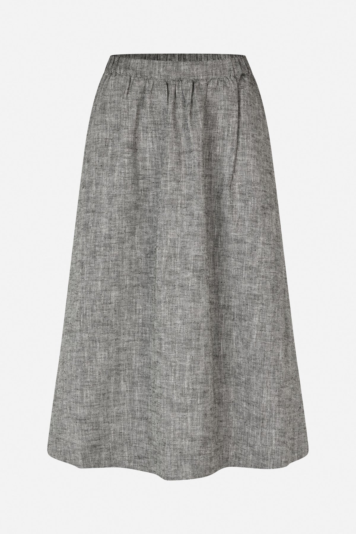 Front view of a flared skirt with a high waistband and gathered pleats, in a black-and-grey herringbone pattern.