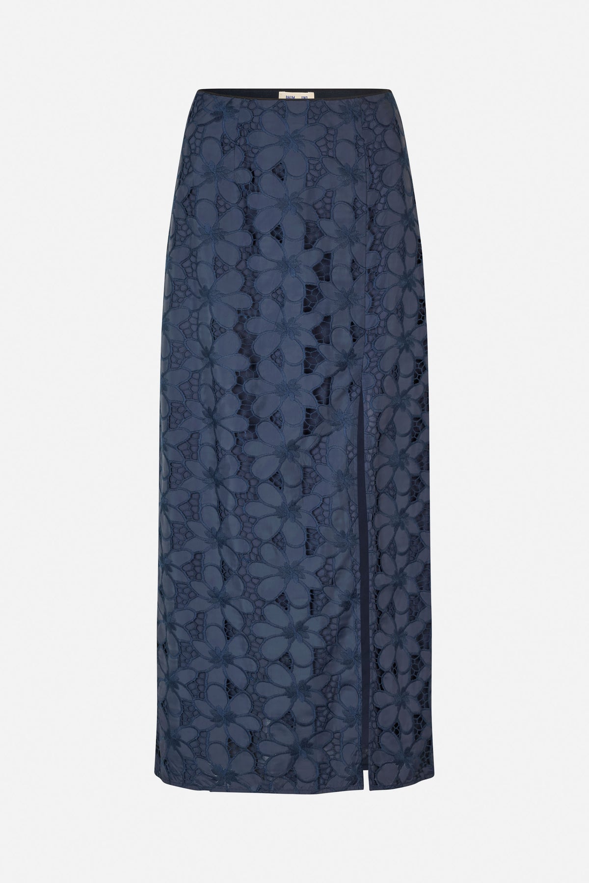Front view of a dark navy midi skirt with oversized floral lace, a black waistband and a front slit.