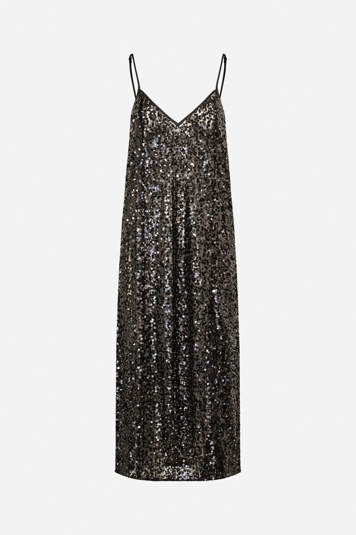 Front view of a black slip dress with thin straps, a deep V neckline, and an all-over pattern of shimmering silver and dark sequins.