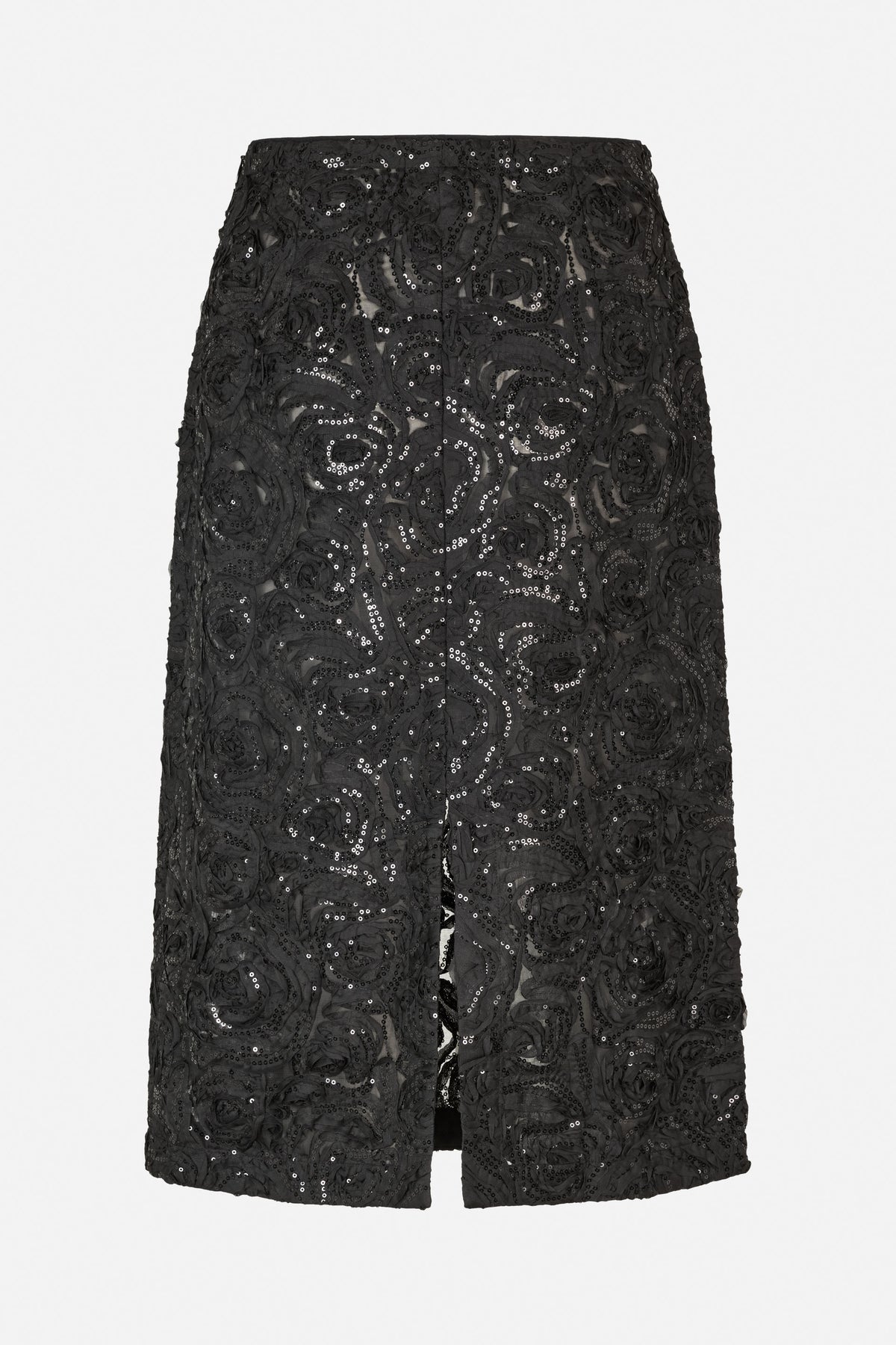 Front view of a long black skirt with an all-over swirling sequin pattern and a centre-front slit