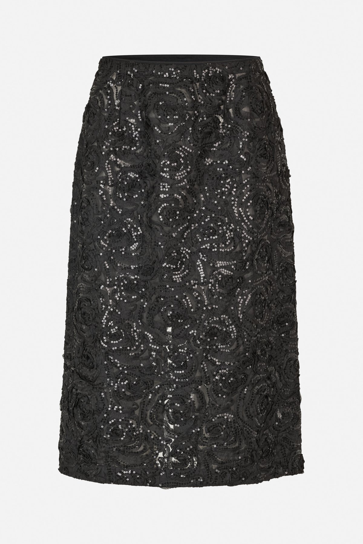 Front view of a black straight skirt with raised swirling floral motifs and scattered sequins.
