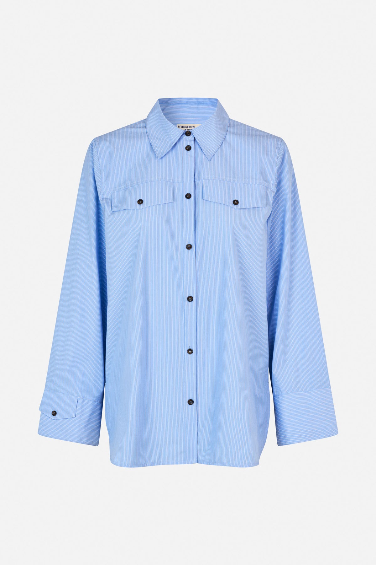 Vooraanzicht van een lichtblauwe blouse met fijne witte strepen, puntkraag, knoopsluiting, borstzakken en brede manchetten.
