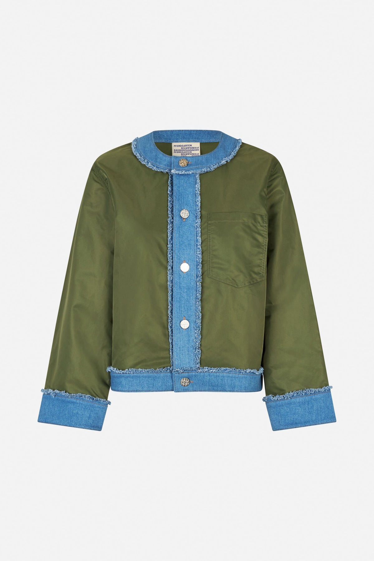 Front view of an olive-green jacket with blue denim collar, placket, cuffs and hem, frayed edges, and a chest pocket.