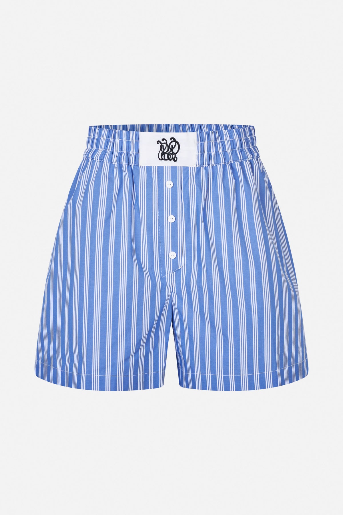 Front view of blue shorts with irregular white vertical stripes, an elasticated waistband, button fly and embroidered patch.
