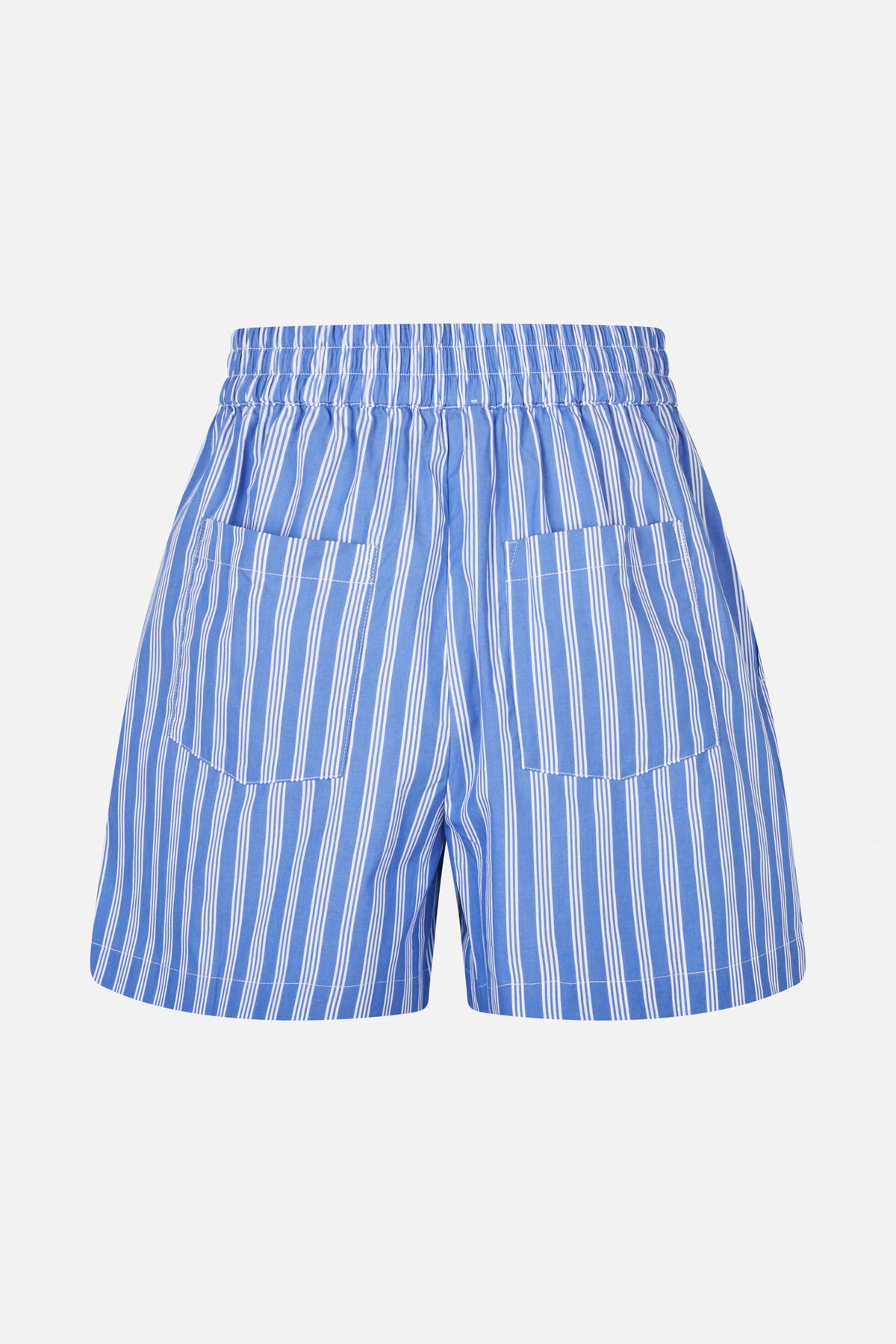 Back view of blue-and-white vertically striped shorts with a gathered elastic waistband and two patch pockets.