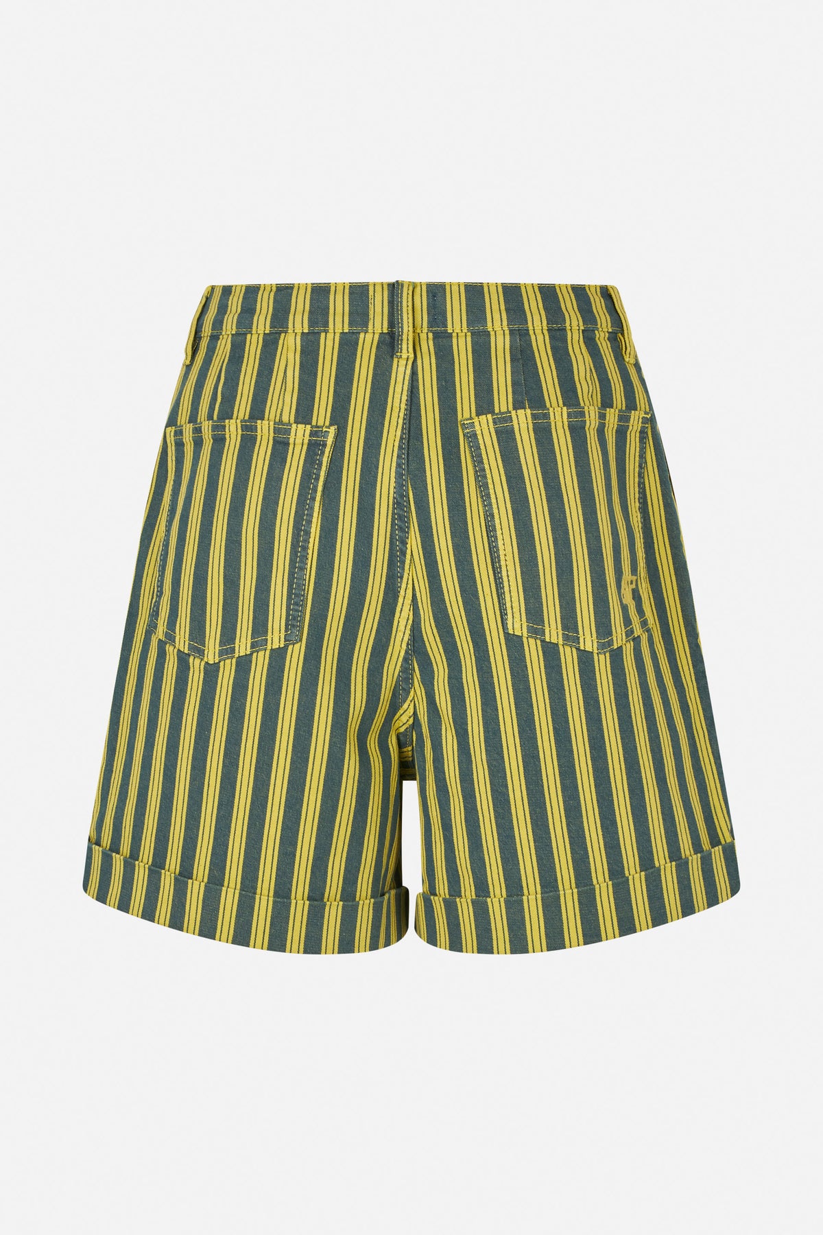 Back view of blue-green denim shorts with bold yellow vertical stripes, two patch pockets and turned-up hems.