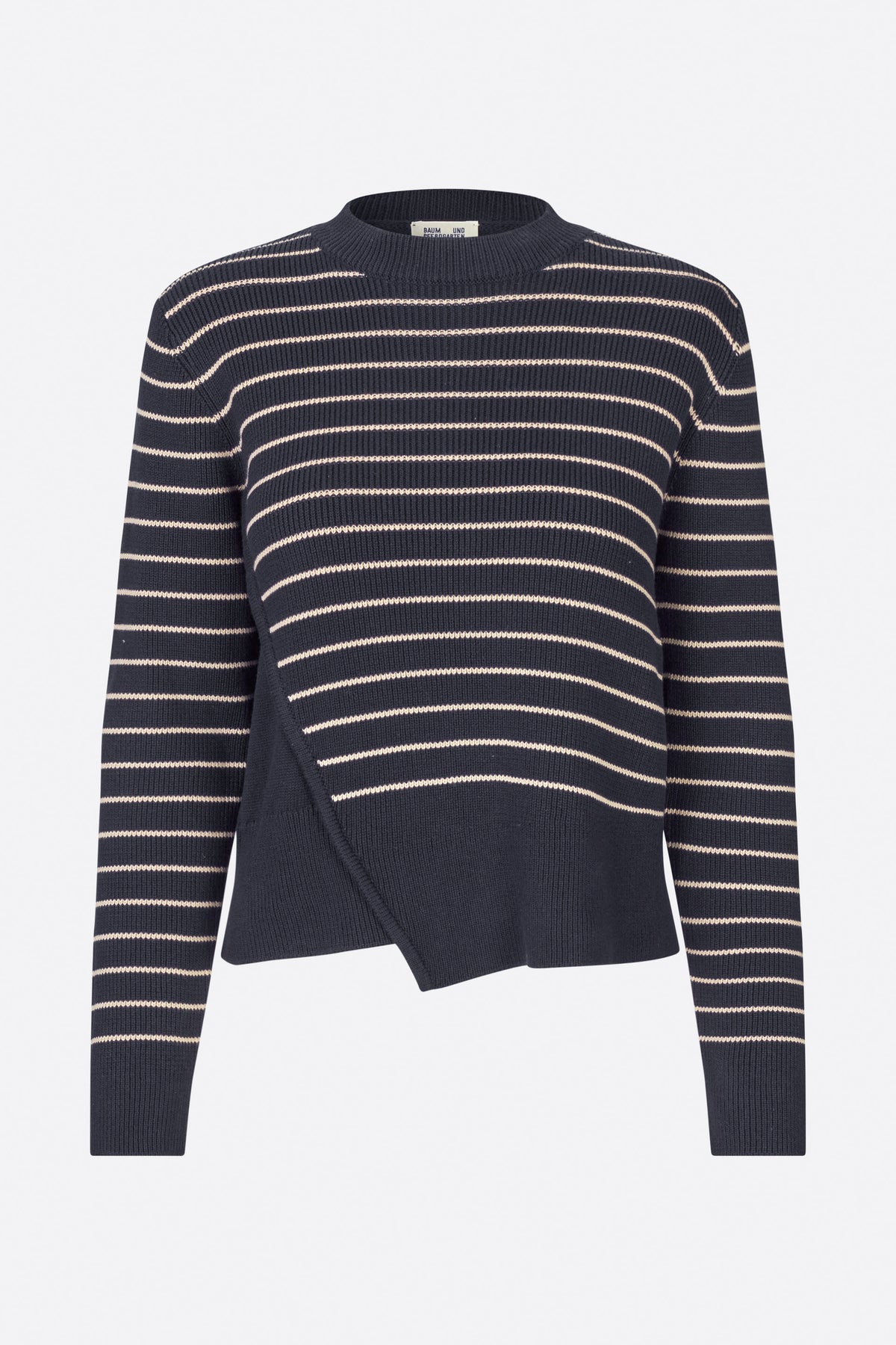 Front view of a dark navy rib-knit sweater with a crew neck, long sleeves, narrow cream stripes and an overlapping asymmetric front panel.