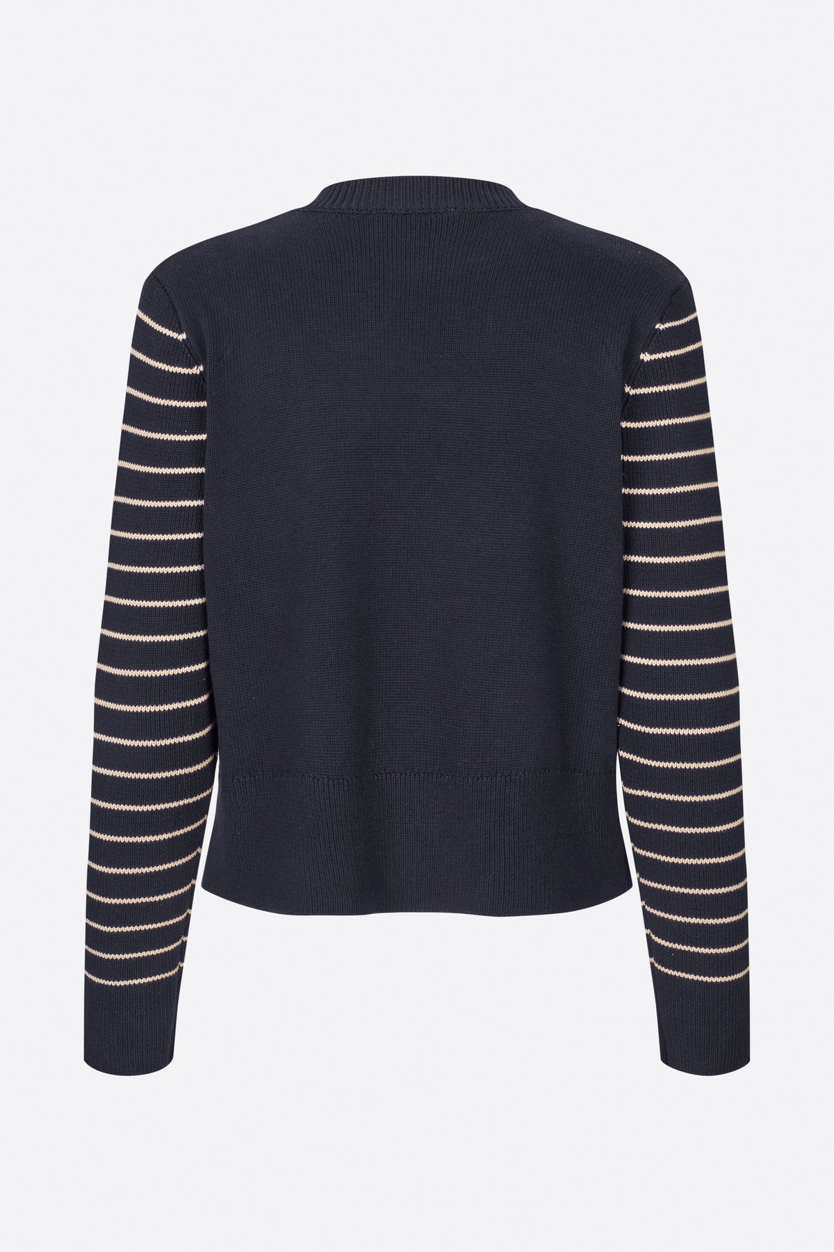 Back view of a dark navy knit sweater with cream horizontal stripes on the long sleeves and a ribbed crew neckline.