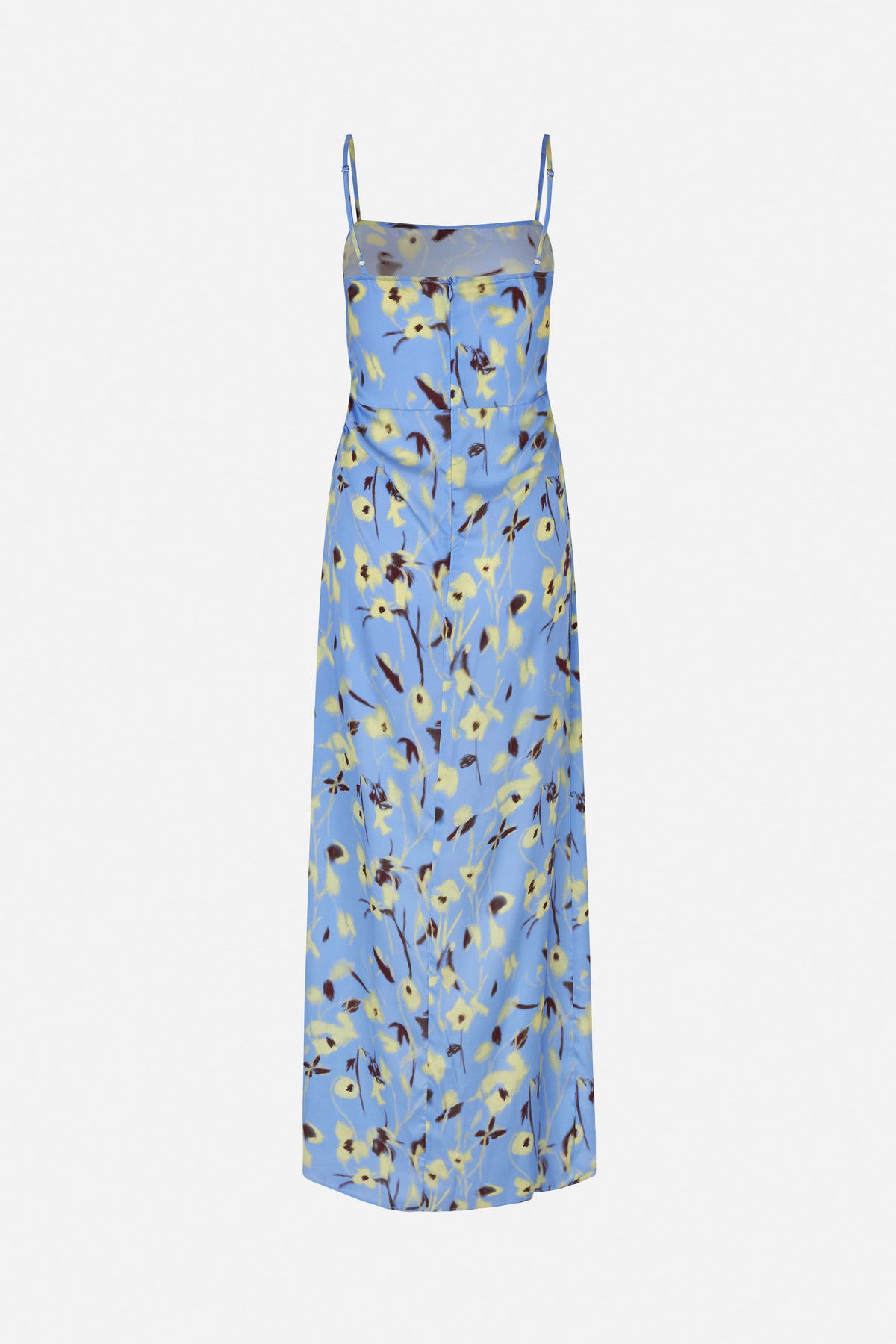 Front view of a blue floral-print slip dress with thin adjustable straps, a sheer upper bodice panel and fitted waist.