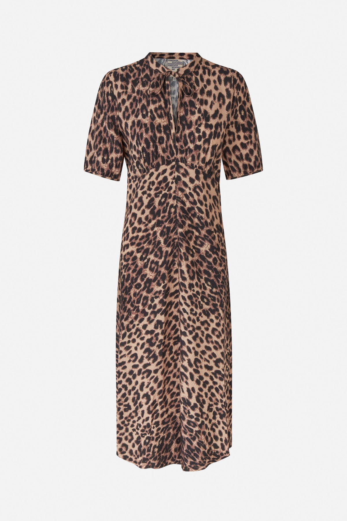 Front view of a long leopard-print dress in tan, brown and black, with short sleeves and a tie neckline.