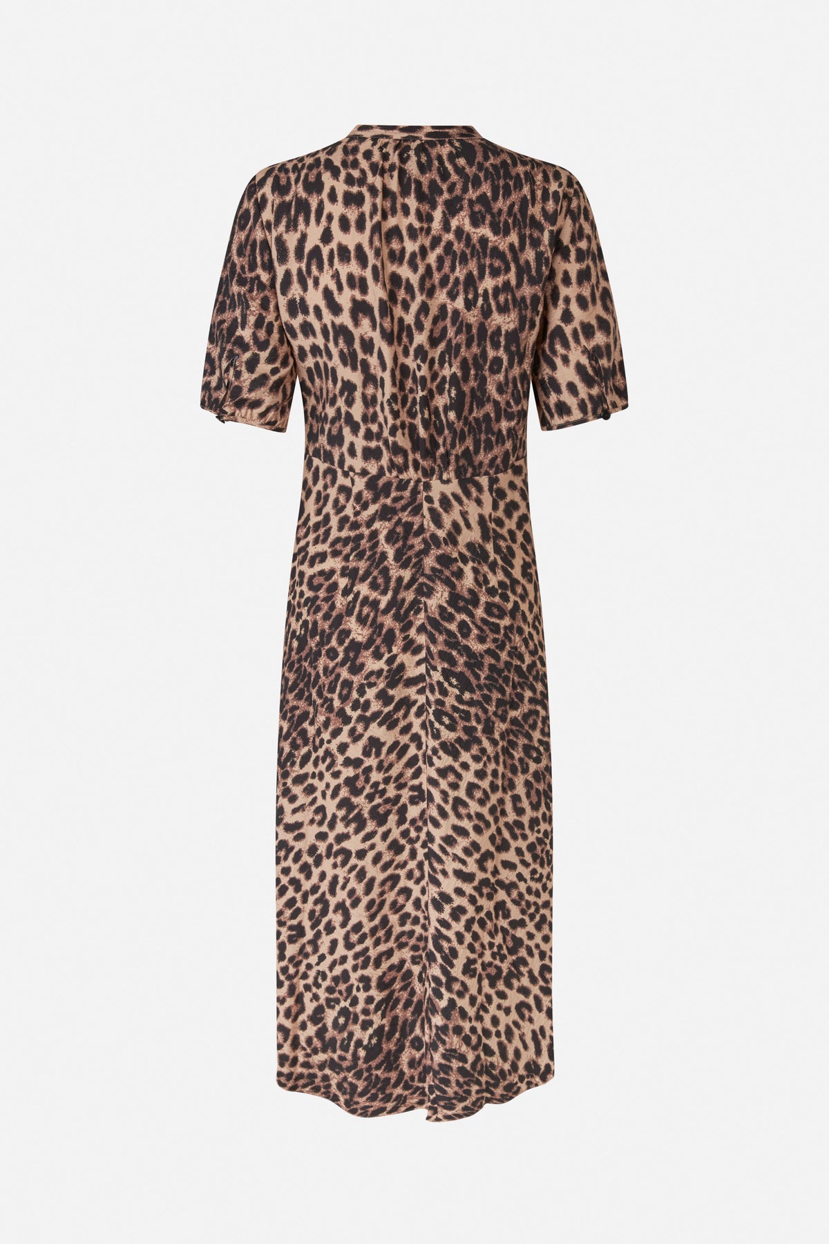 Back view of a short-sleeve collared dress in beige and dark brown leopard print, with a central back seam.