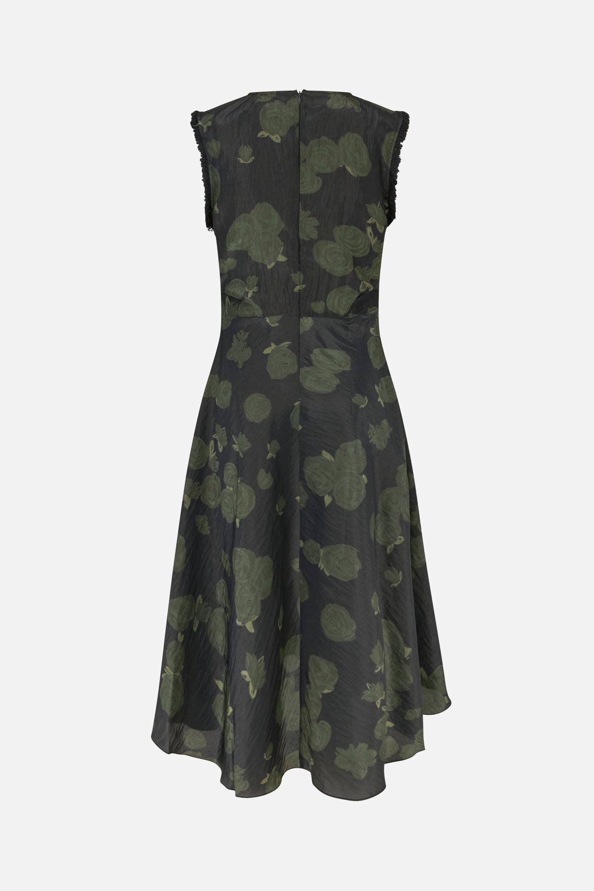 Back view of a charcoal sleeveless dress with oversized muted green floral print, lace-trimmed armholes, and a centre-back zip.