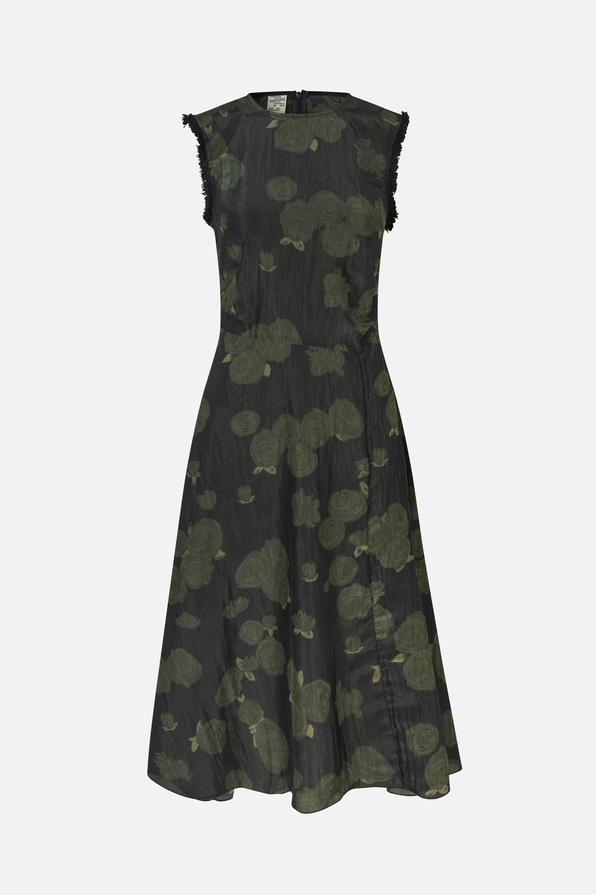 Full-length sleeveless dark dress with muted green floral print, a fitted waist, flared skirt and fringe trim along the armholes.