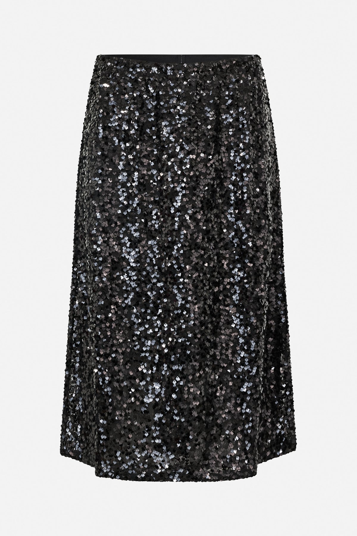 Front view of a black knee-length skirt covered in scattered reflective silver and charcoal square sequins.