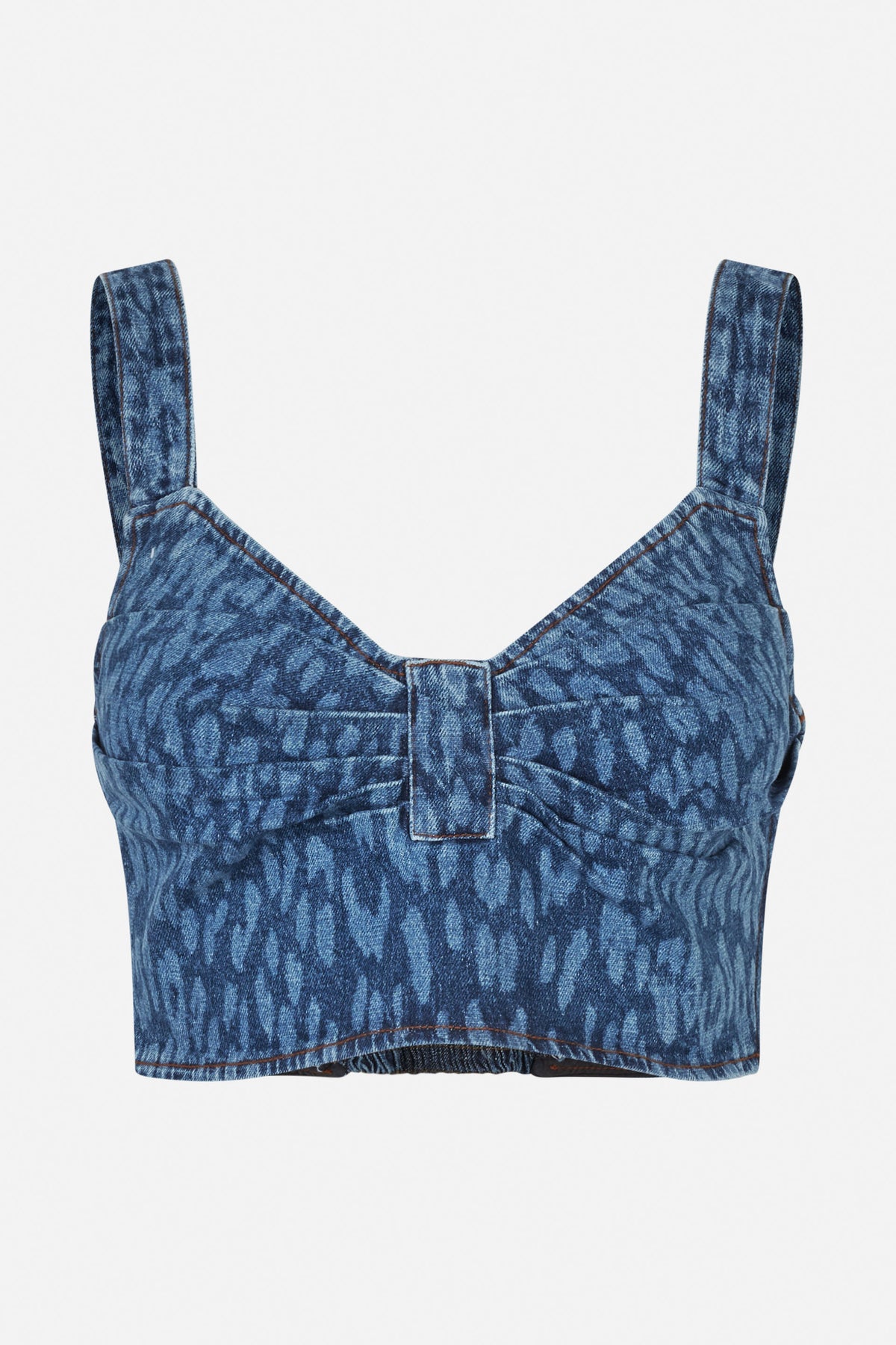 Front close-up of a blue denim-print cropped top with wide straps, a V-shaped neckline, centre panel and contrast stitching.