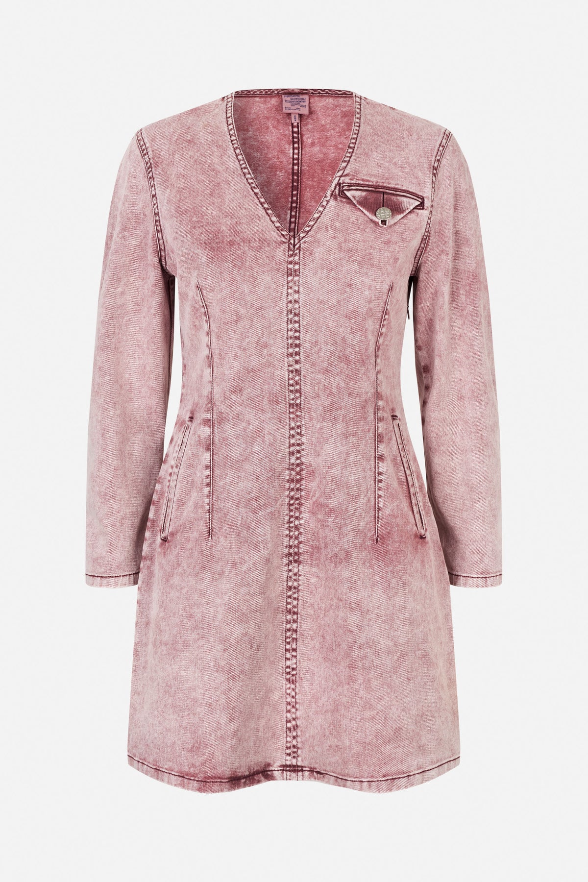 Front view of a pink washed-denim long-sleeved dress with a V-neck, buttoned chest flap pocket and angled side pockets.