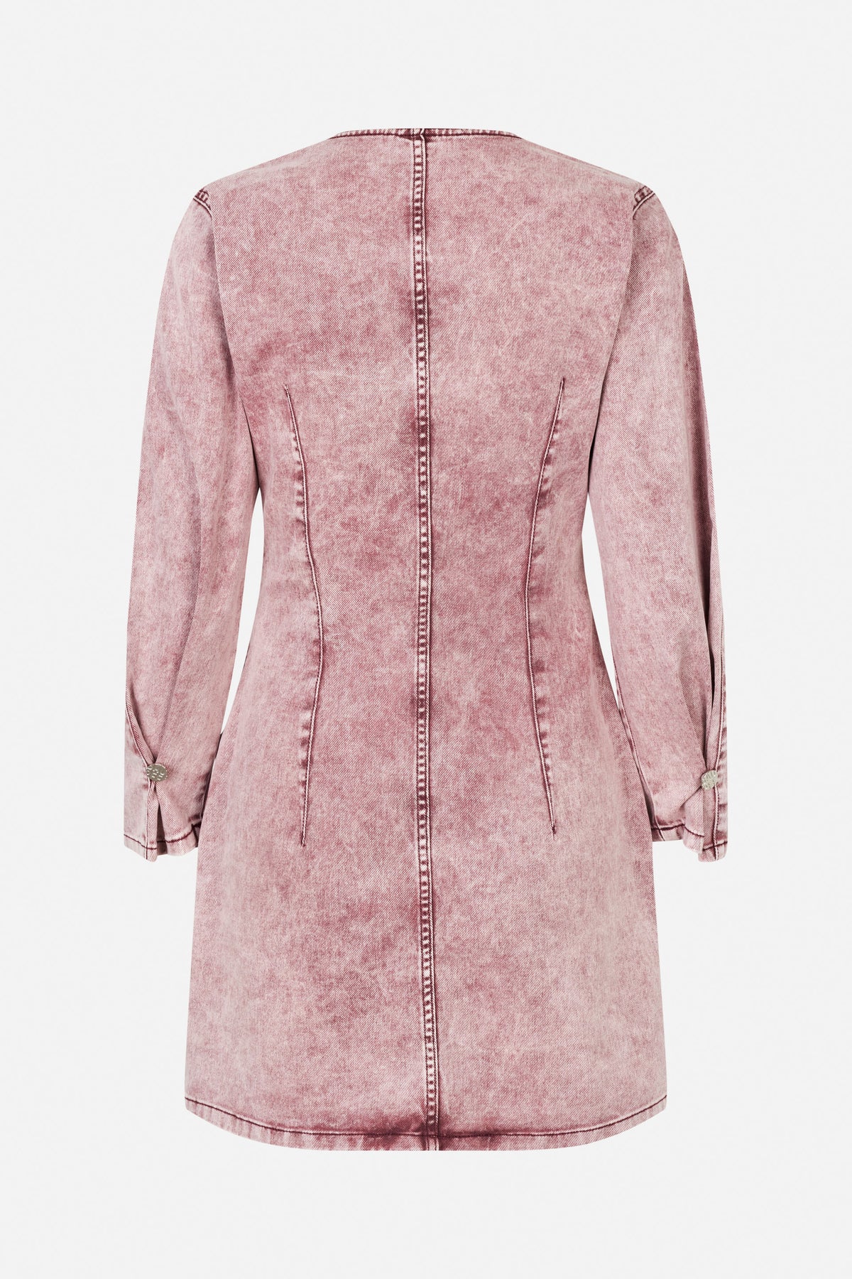 Back view of a pink washed denim dress with long sleeves, shaping seams and buttoned cuff tabs.