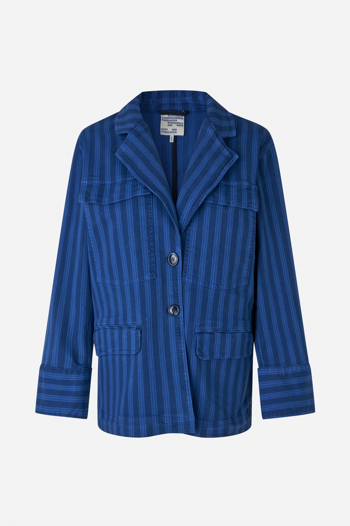 Front view of a blue striped button-front jacket with wide lapels, long sleeves, and multiple flap pockets.