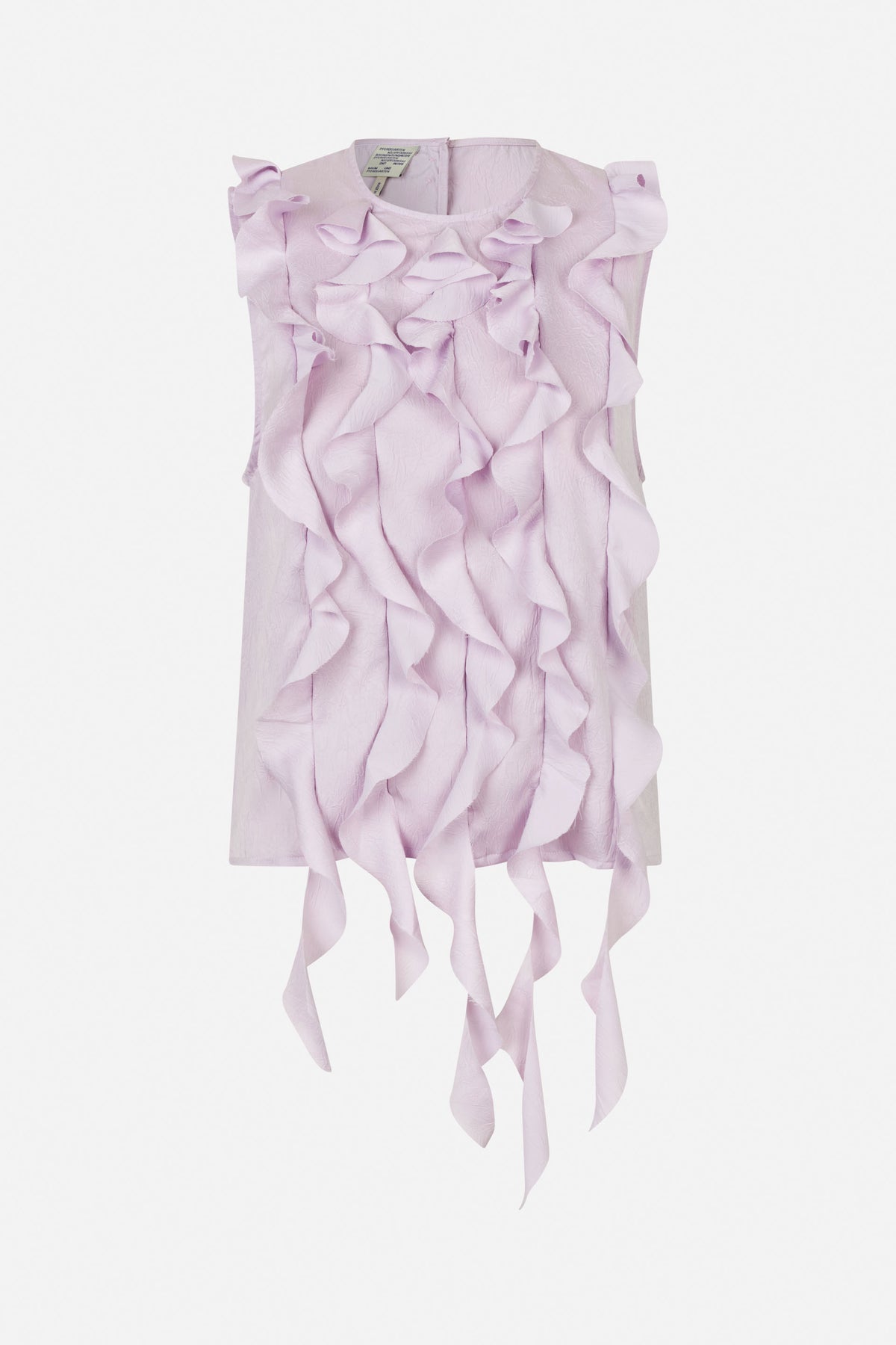 Pale lilac sleeveless top with a round neckline and dramatic layered ruffles cascading down the front.