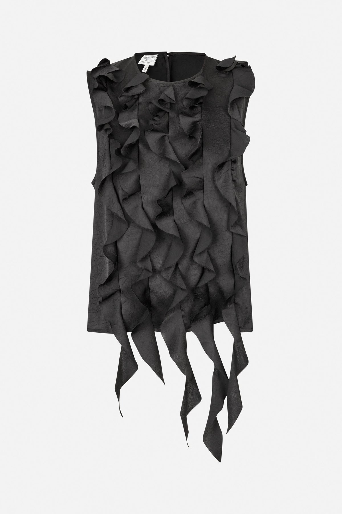 Black sleeveless top with a round neckline and layered ruffles cascading into long pointed strips, front view
