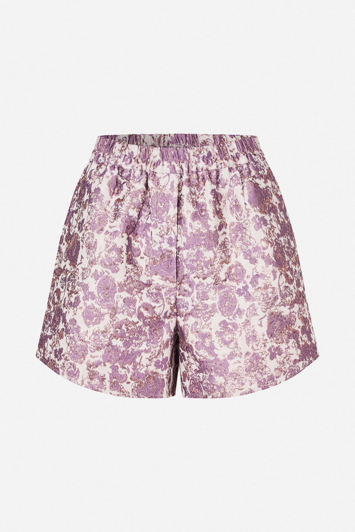 Front view of shorts with an elasticated waistband and purple floral pattern on a pale pink, subtly shimmering background