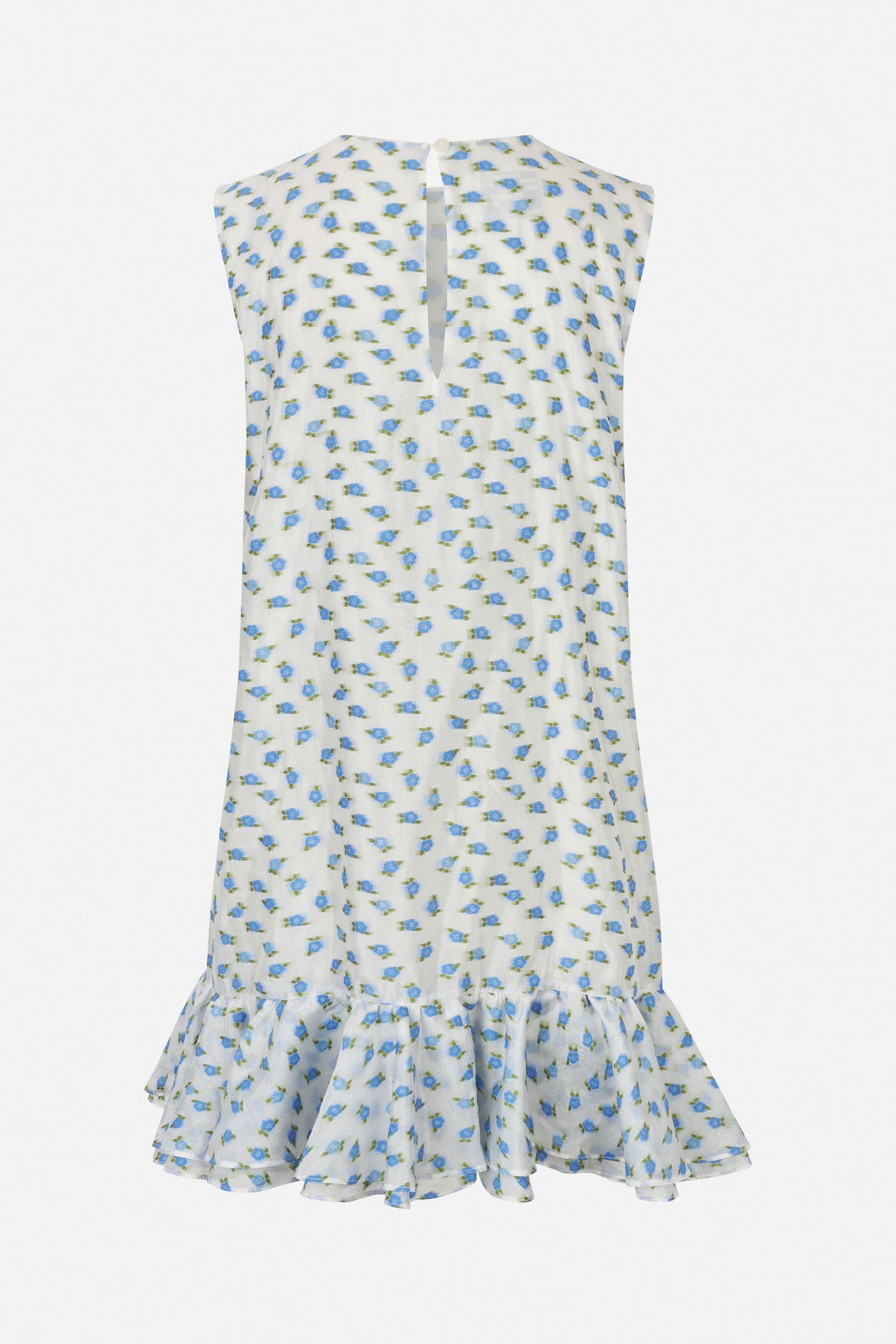 Back view of a white sleeveless dress with a small neck keyhole, blue floral print, and a layered ruffle hem