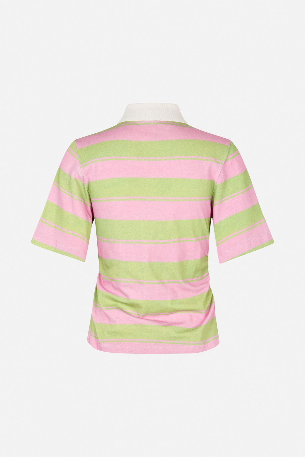 Back view of a short-sleeved polo shirt with broad pink and light green stripes, fine contrast stripes, and a white collar.