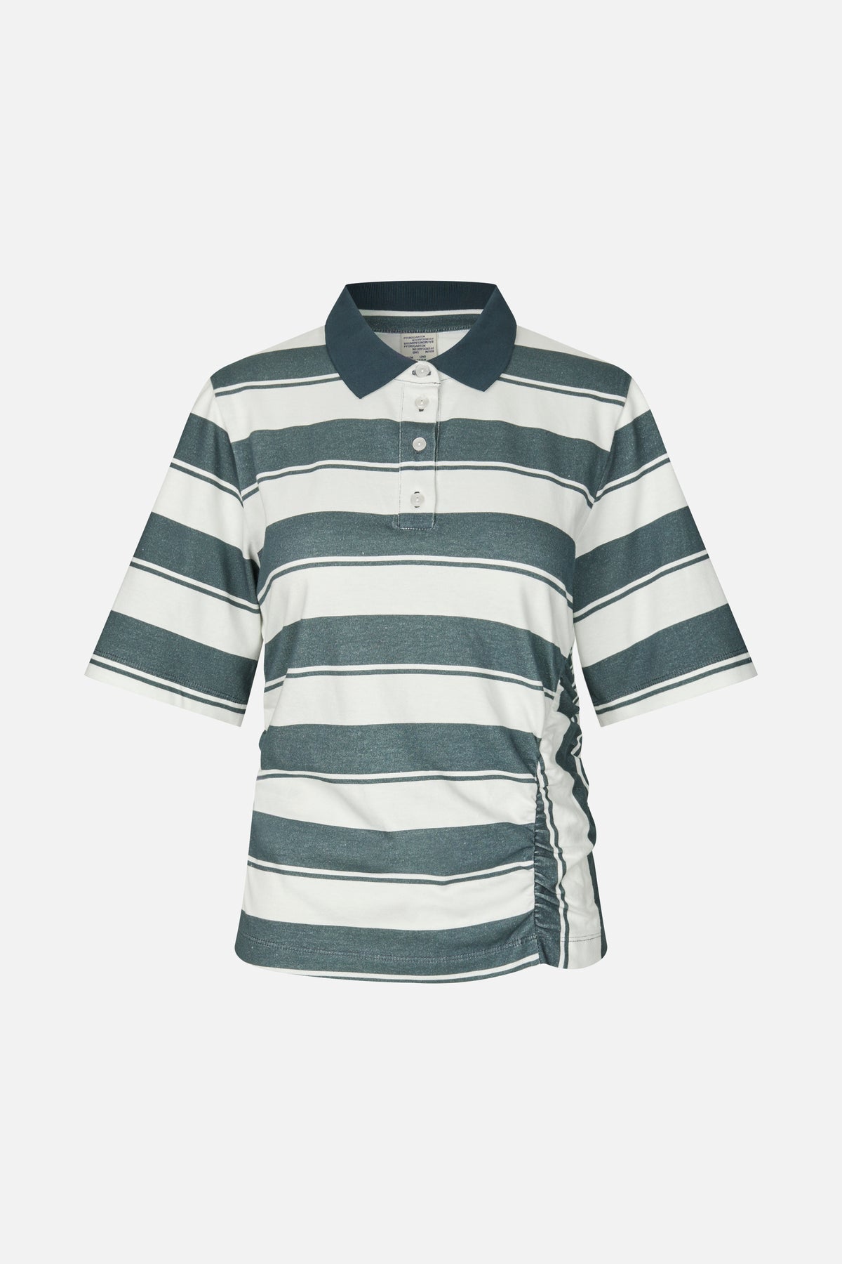 Front view of a short-sleeved polo shirt with wide teal and off-white horizontal stripes, a dark teal collar and button placket.