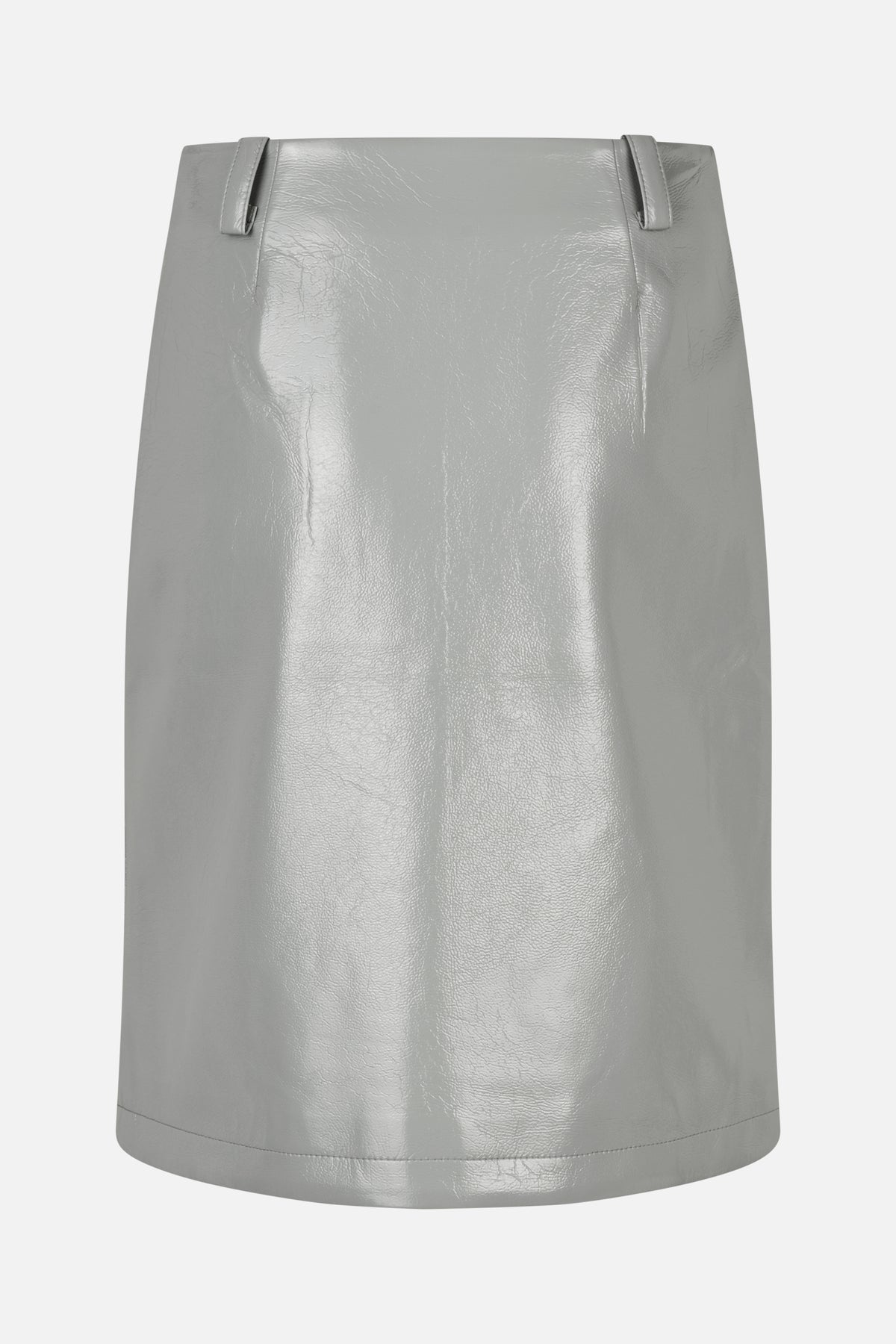 Back view of a glossy light gray A-line mini skirt with a textured finish and two belt loops.