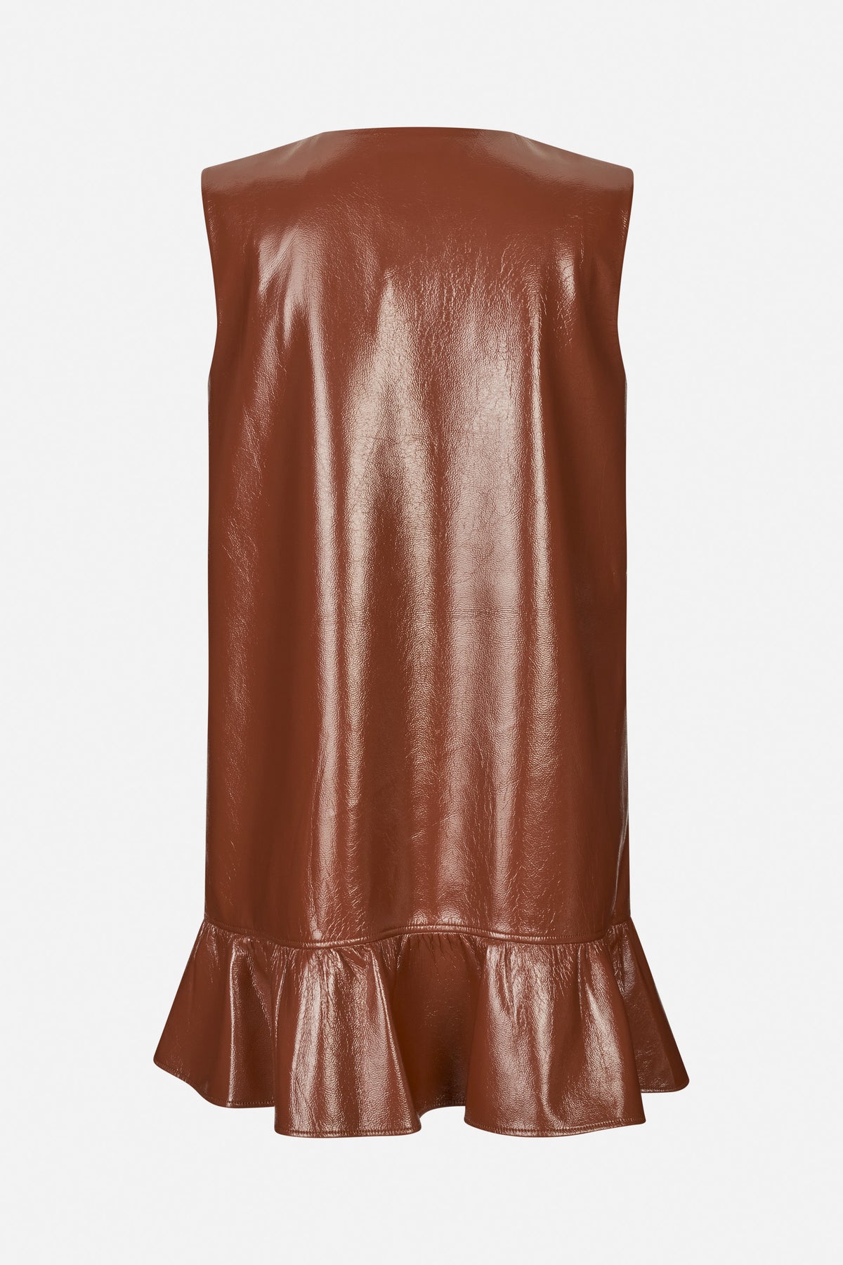 Close-up of a glossy chestnut-brown sleeveless top with a smooth body and gathered flared peplum hem.