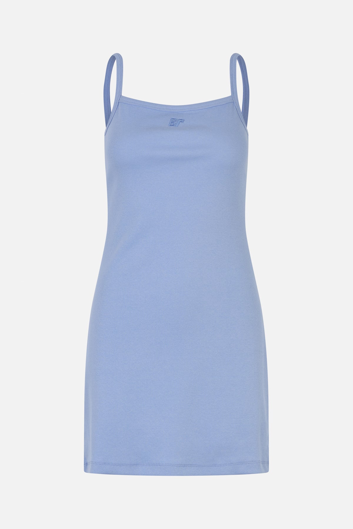 Front view of a light blue ribbed camisole dress with thin straps and a small embroidered chest logo.